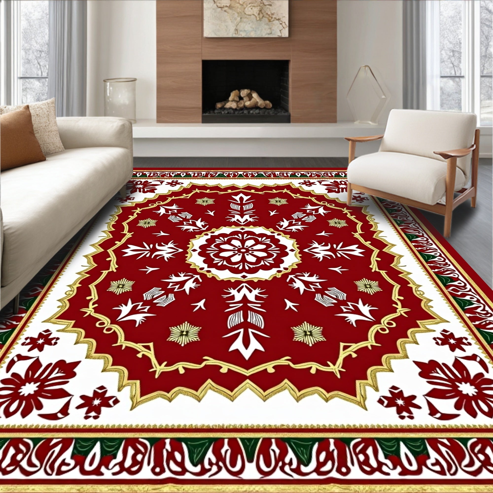 Elegant Red White Floral Medallion Rug