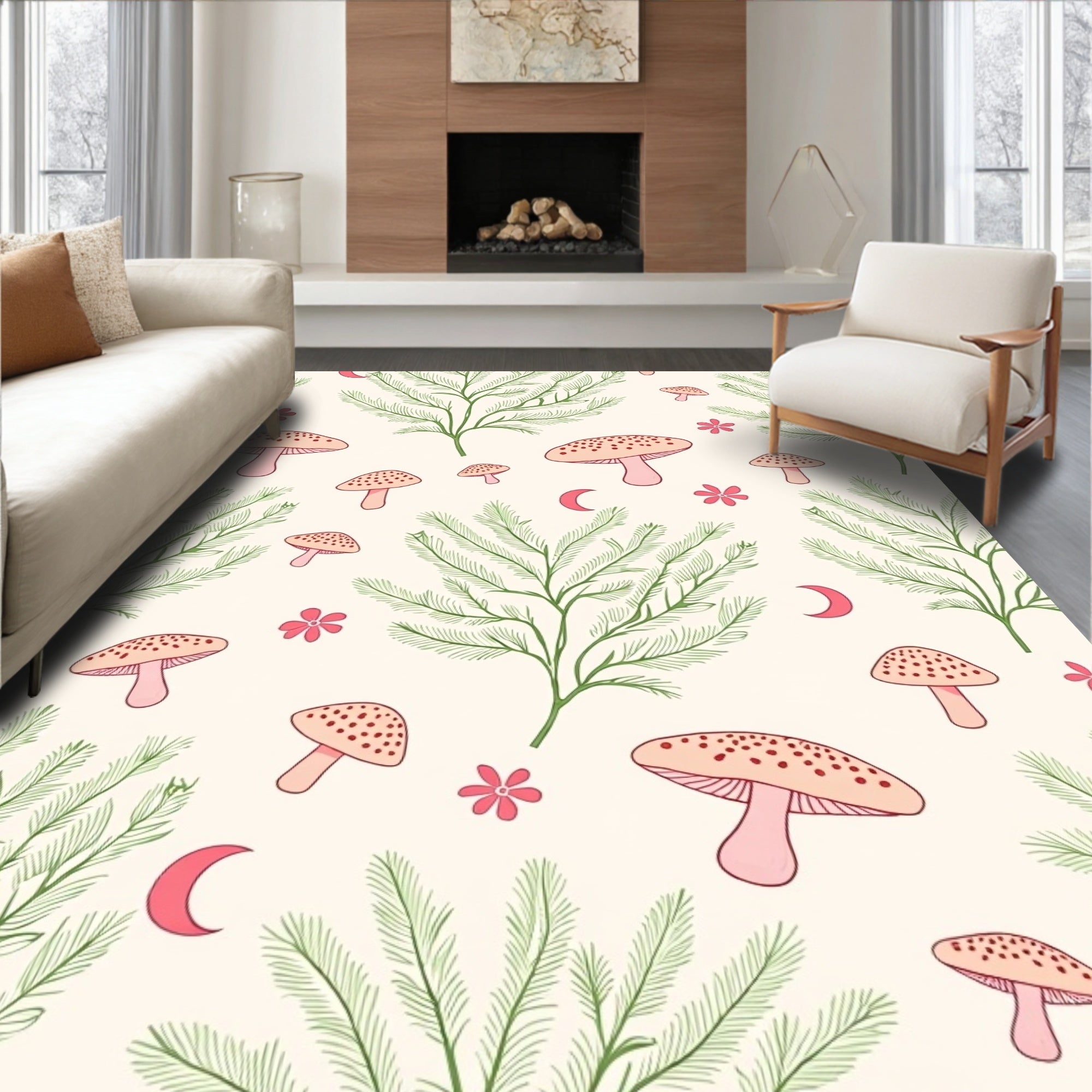 Whimsical Mushroom Floral Moon Pattern Rug