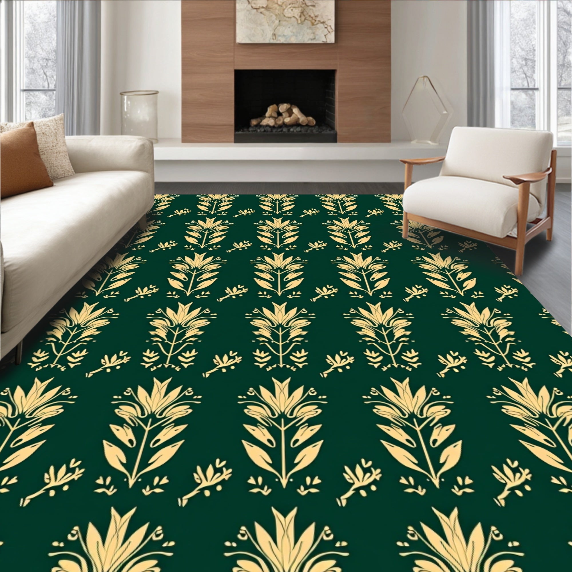 Elegant Gold Floral Stylized Pattern Rug