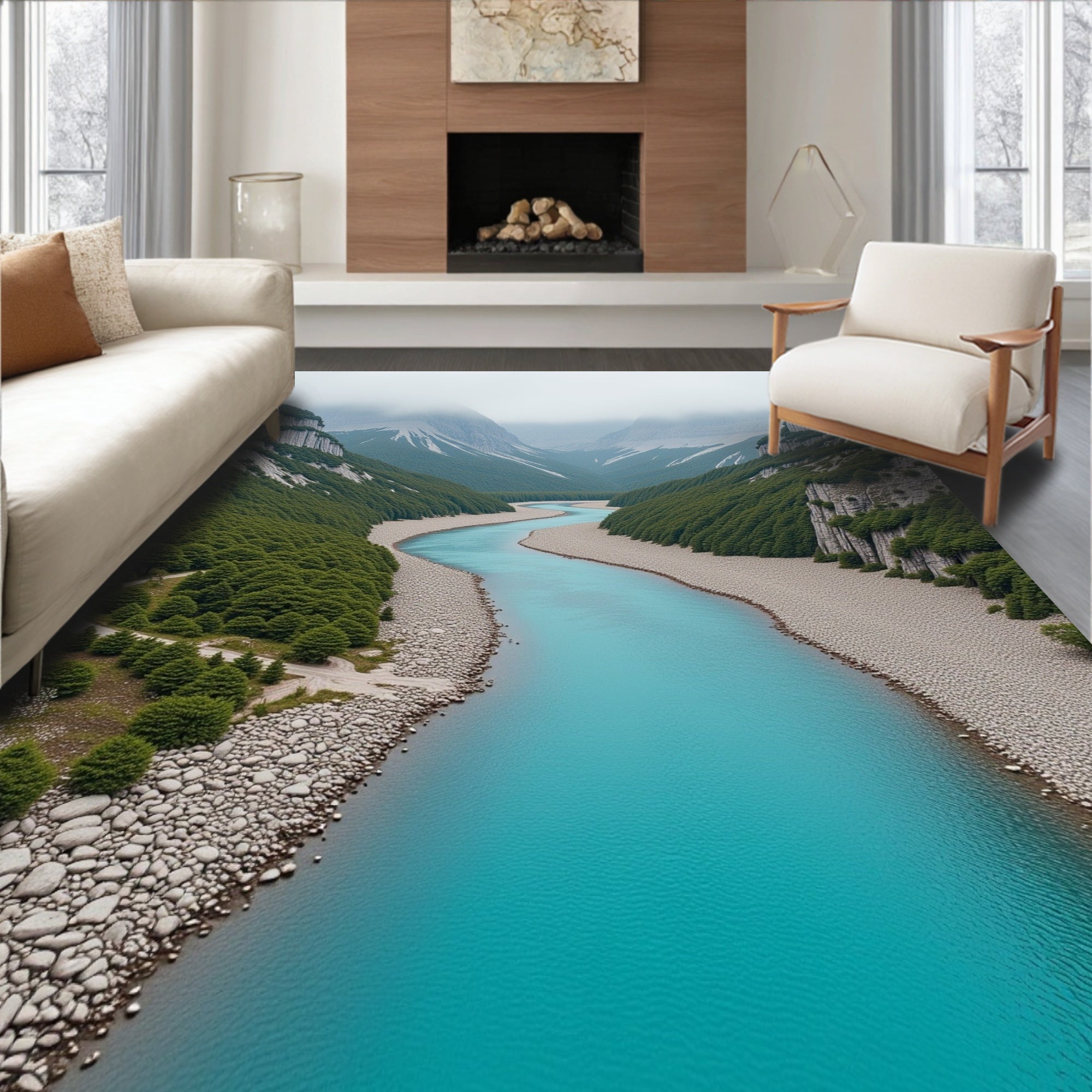 Turquoise River Valley Landscape Rug