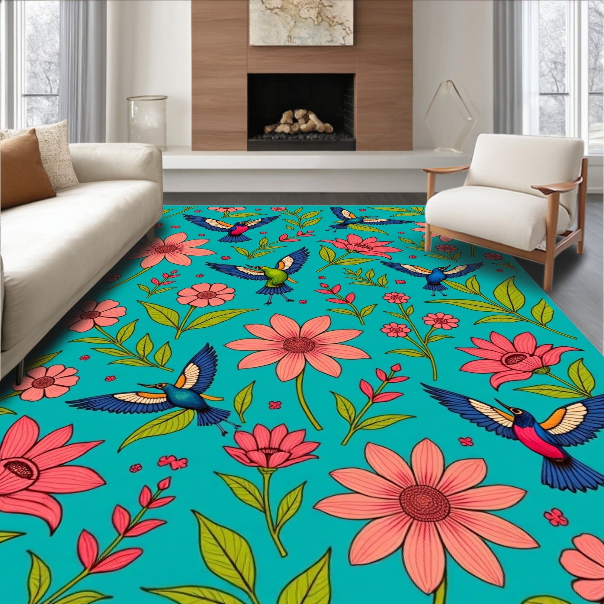 Vibrant Birds Floral Pattern Rug