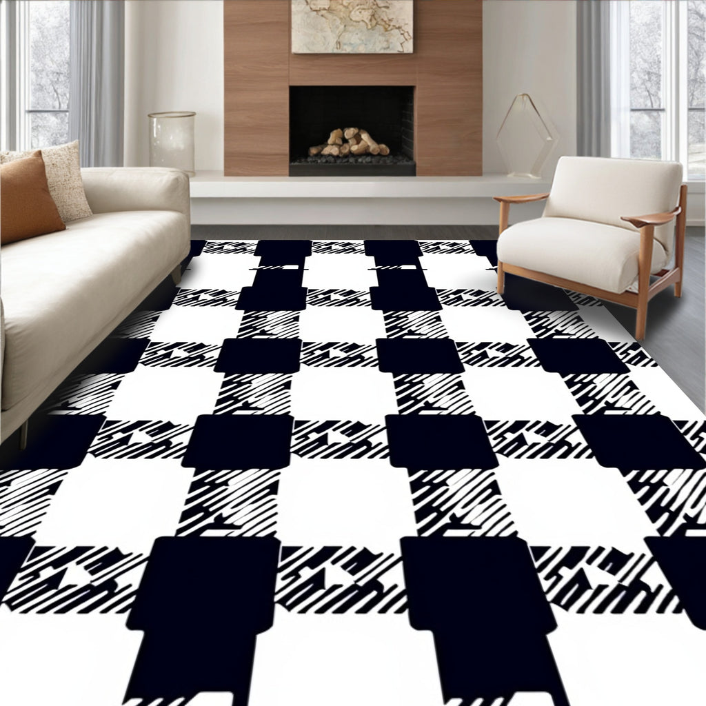 Classic Black White Plaid Houndstooth Rug