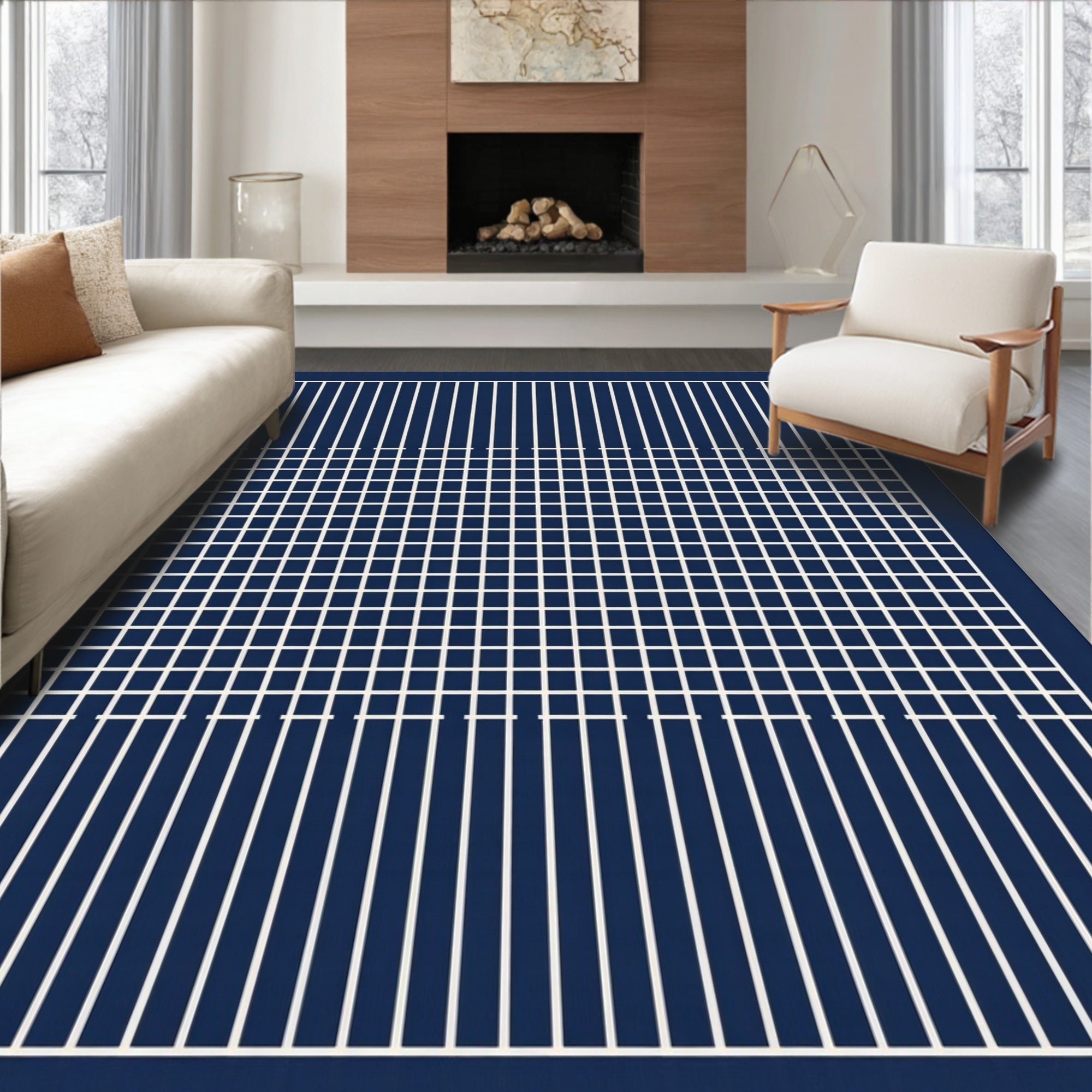 Deep Blue Grid Modern Geometric Rug