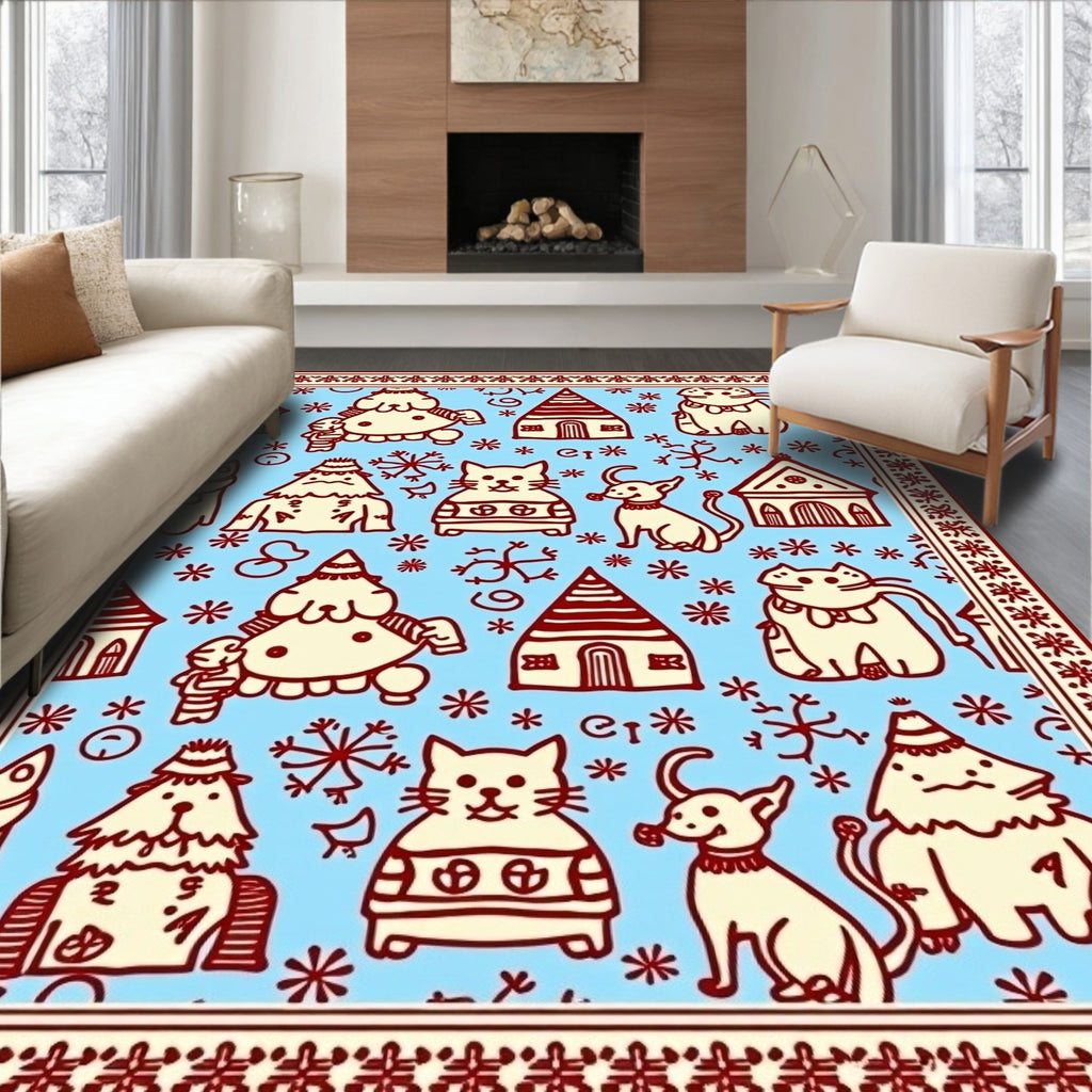 Whimsical Folk Pets and Houses Rug