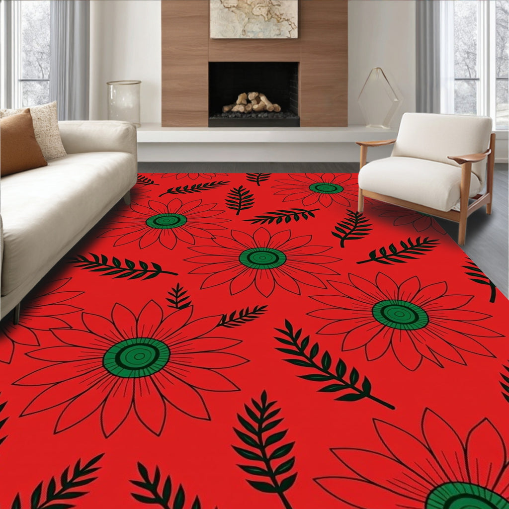 Bold Red Floral Leaf Design Rug