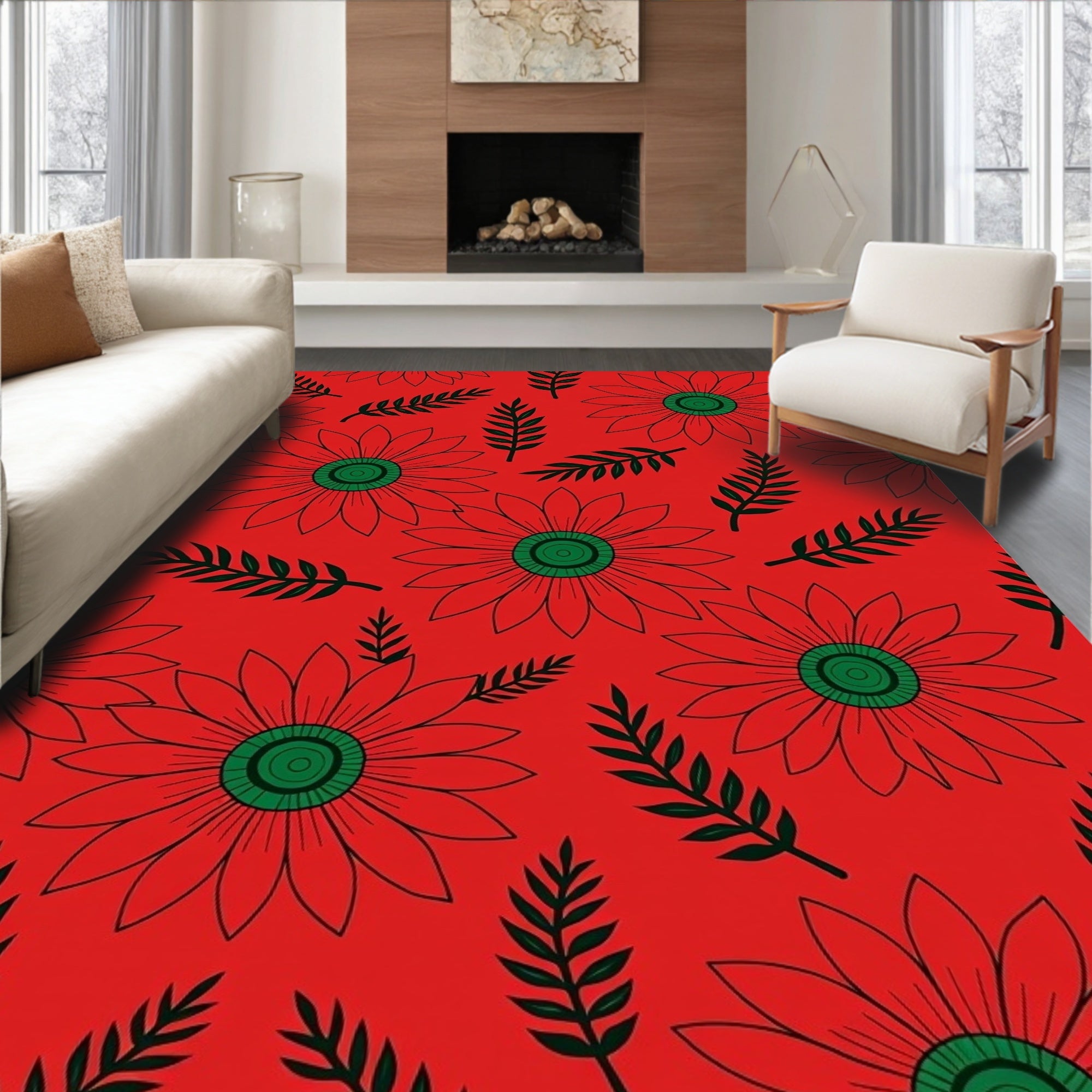 Bold Red Floral Leaf Design Rug