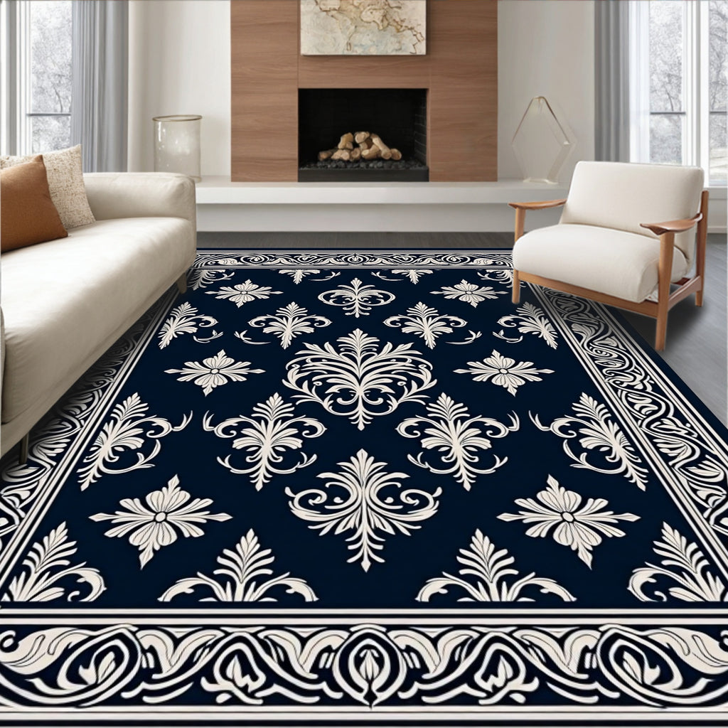 Classic Black Ivory Floral Scroll Border Rug