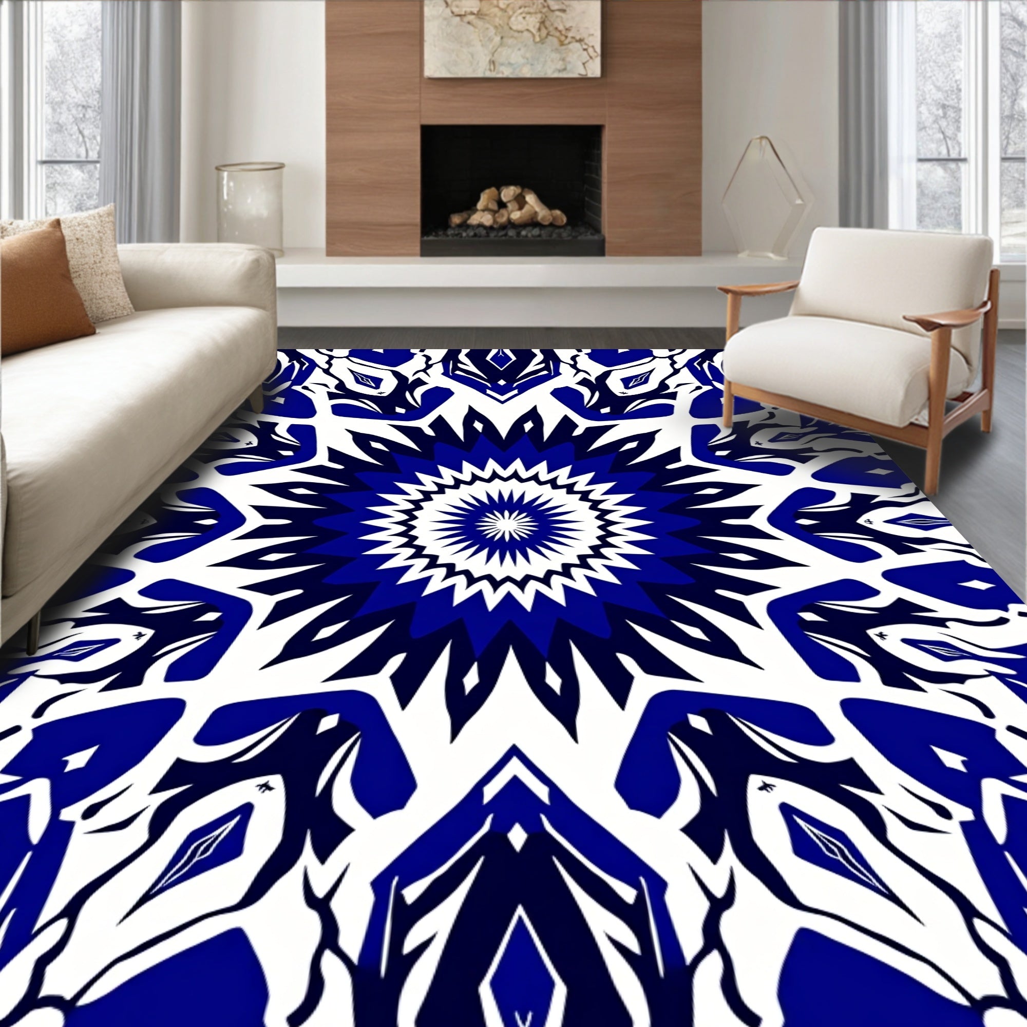 Bold Cobalt White Starburst Pattern Rug
