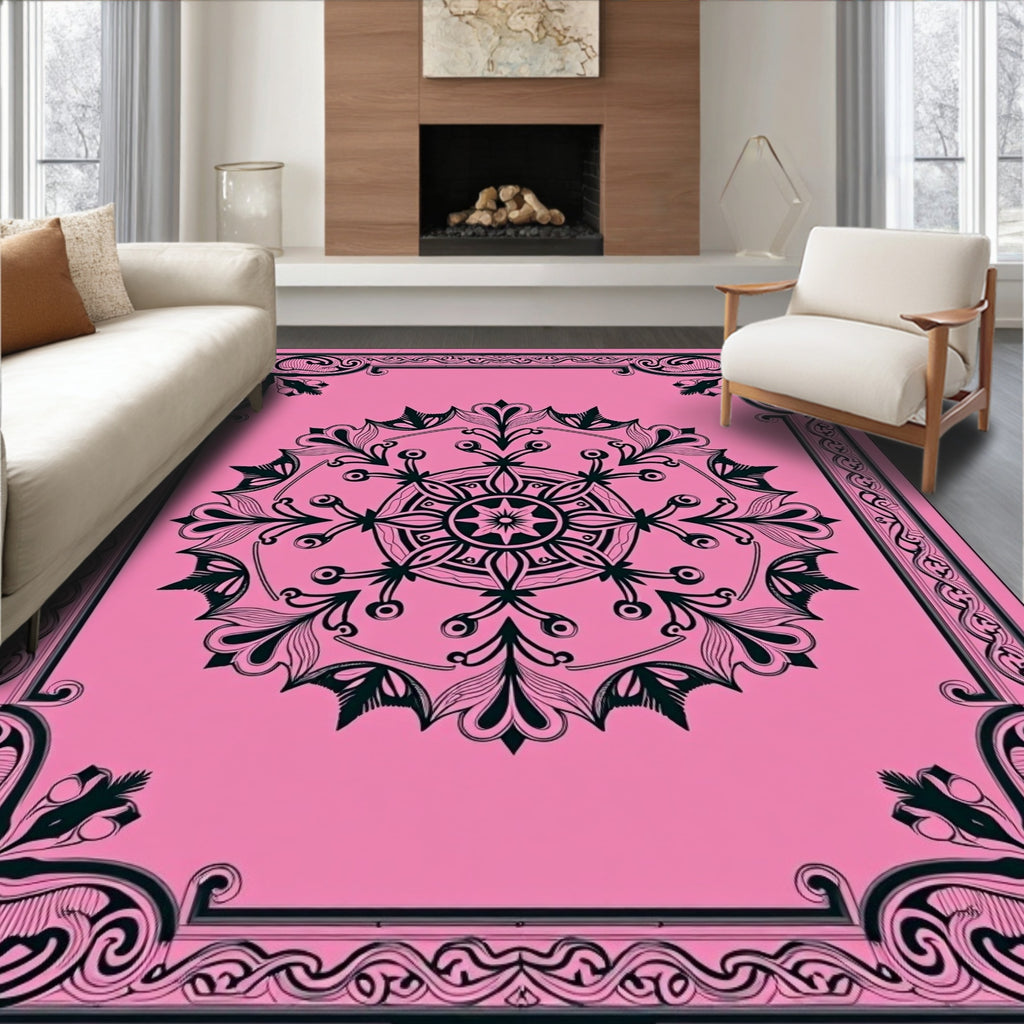Ornate Pink Black Floral Mandala Design Rug