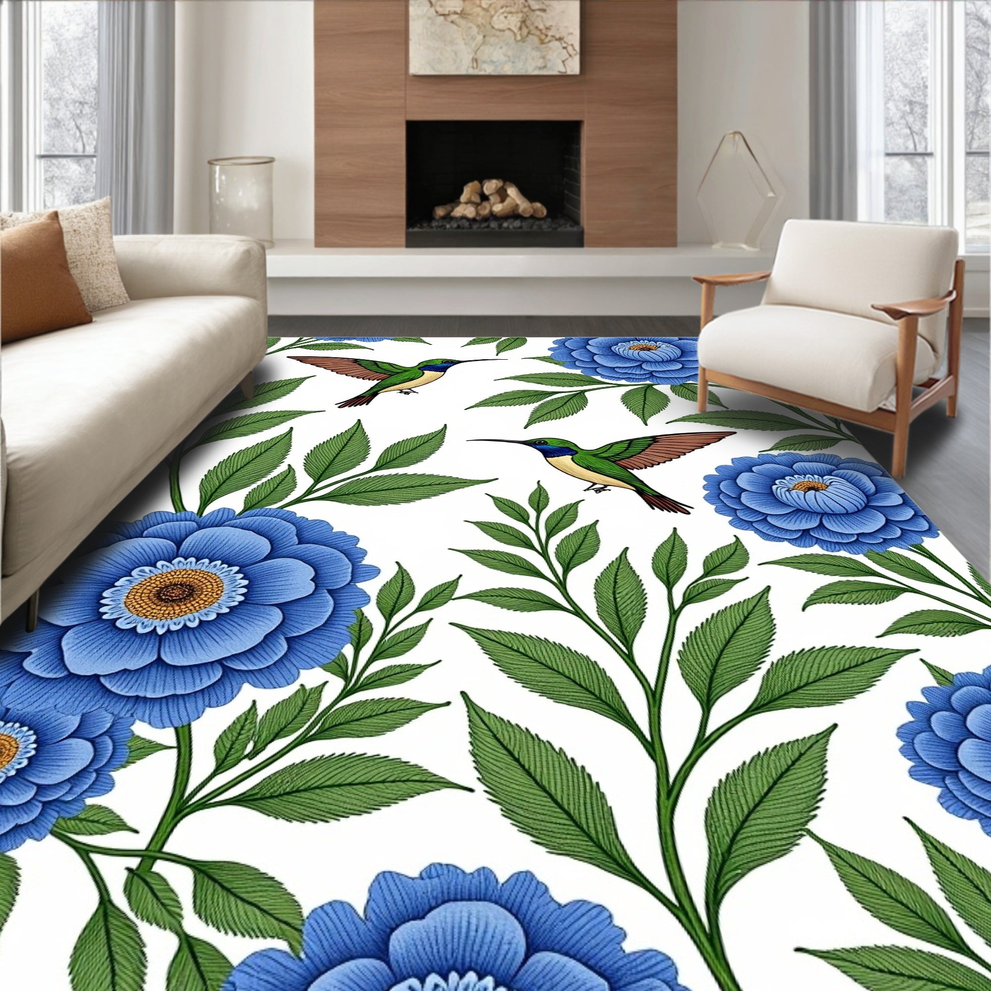 Blue Floral Hummingbird Pattern Rug