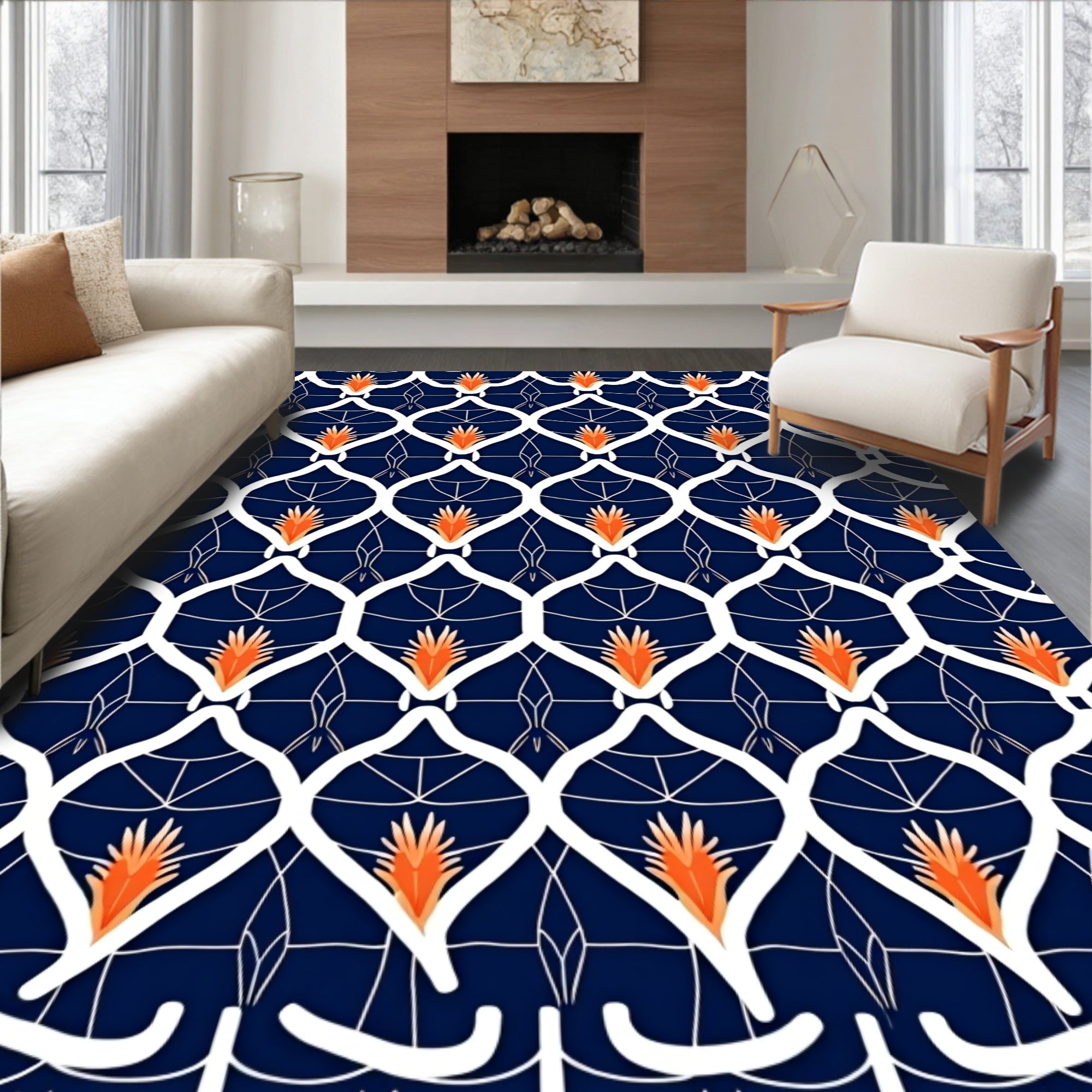 Ornate White And Orange Geometric Pattern Rug