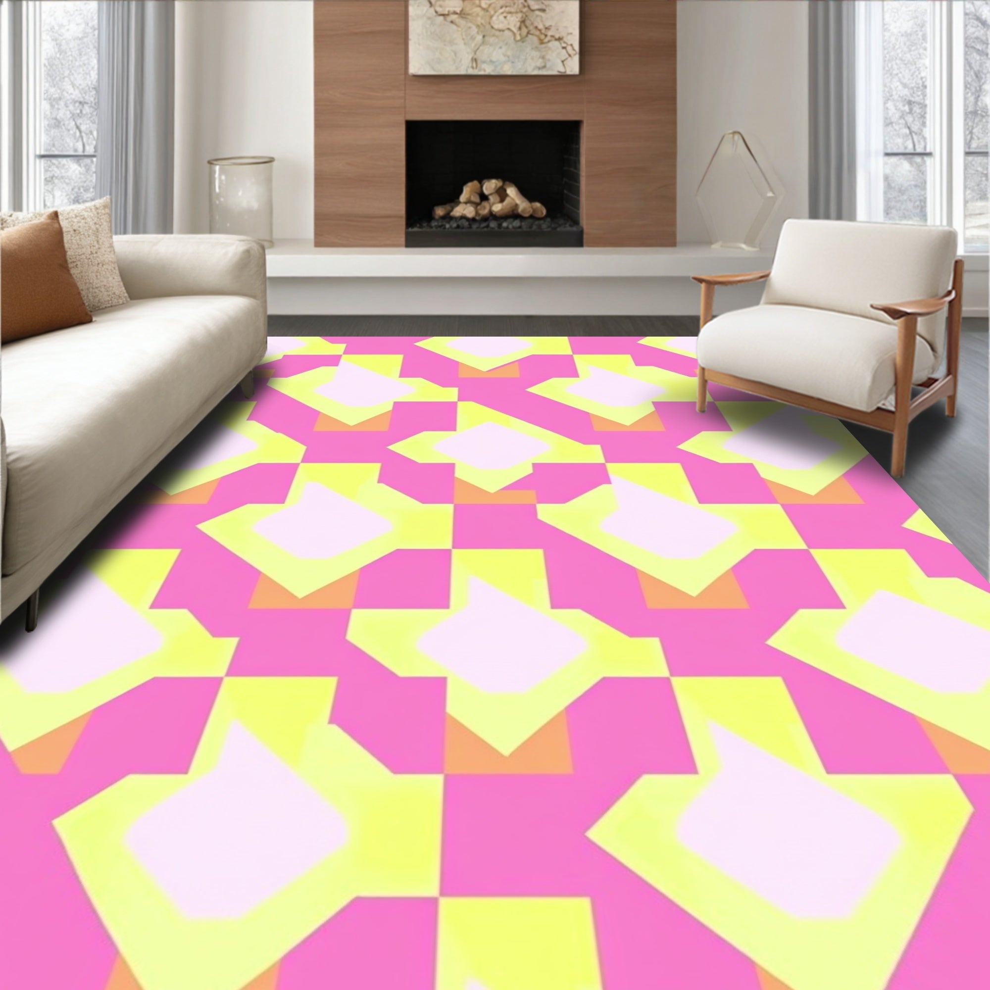 Geometric Pink Yellow Diamond Pattern Rug