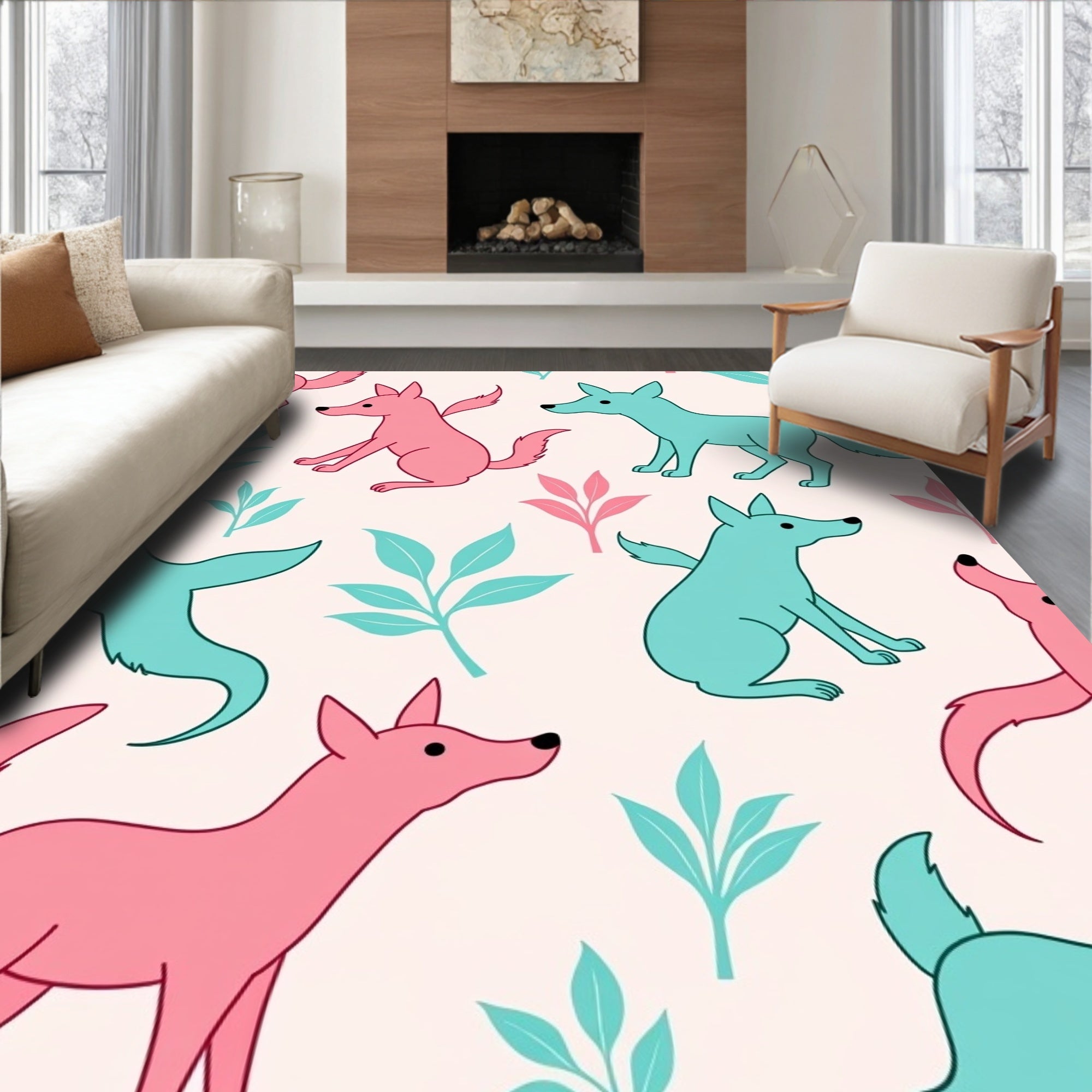 Cute Pink Teal Animals Pattern Design Rug