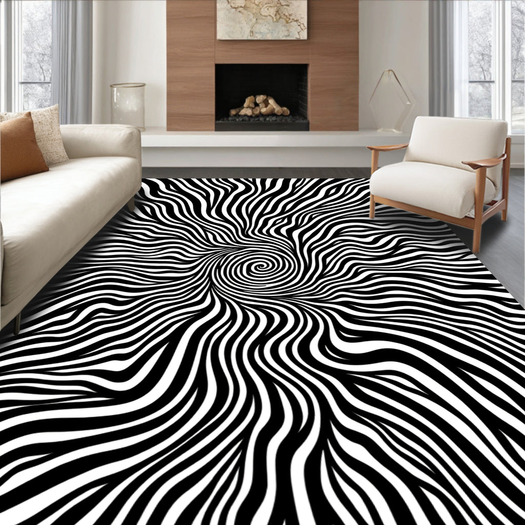 Black White Swirling Organic Pattern Rug