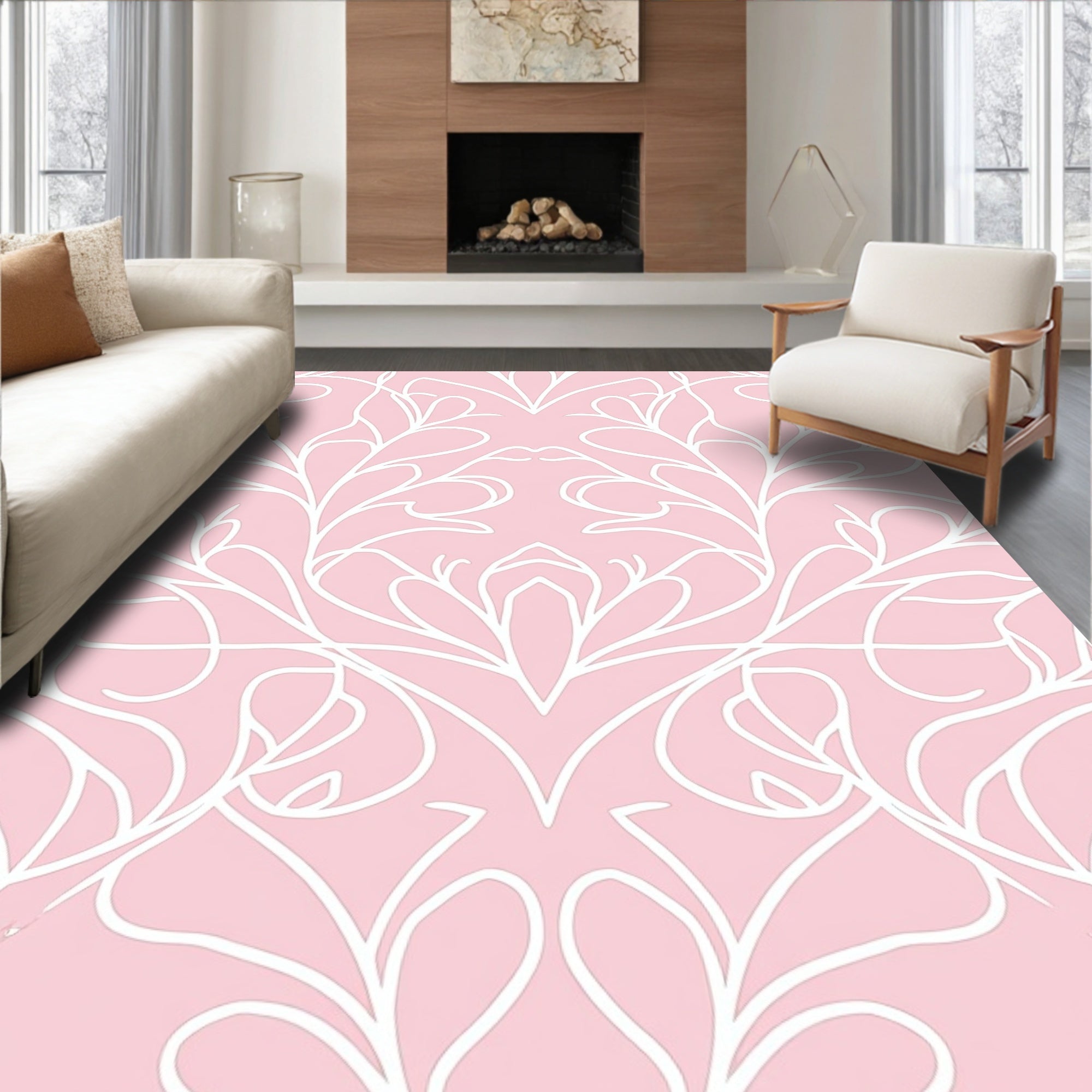 Delicate White Swirl Floral Pattern Rug