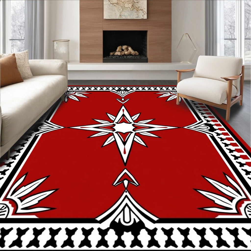 Bold Red Star Burst Geometric Pattern Rug