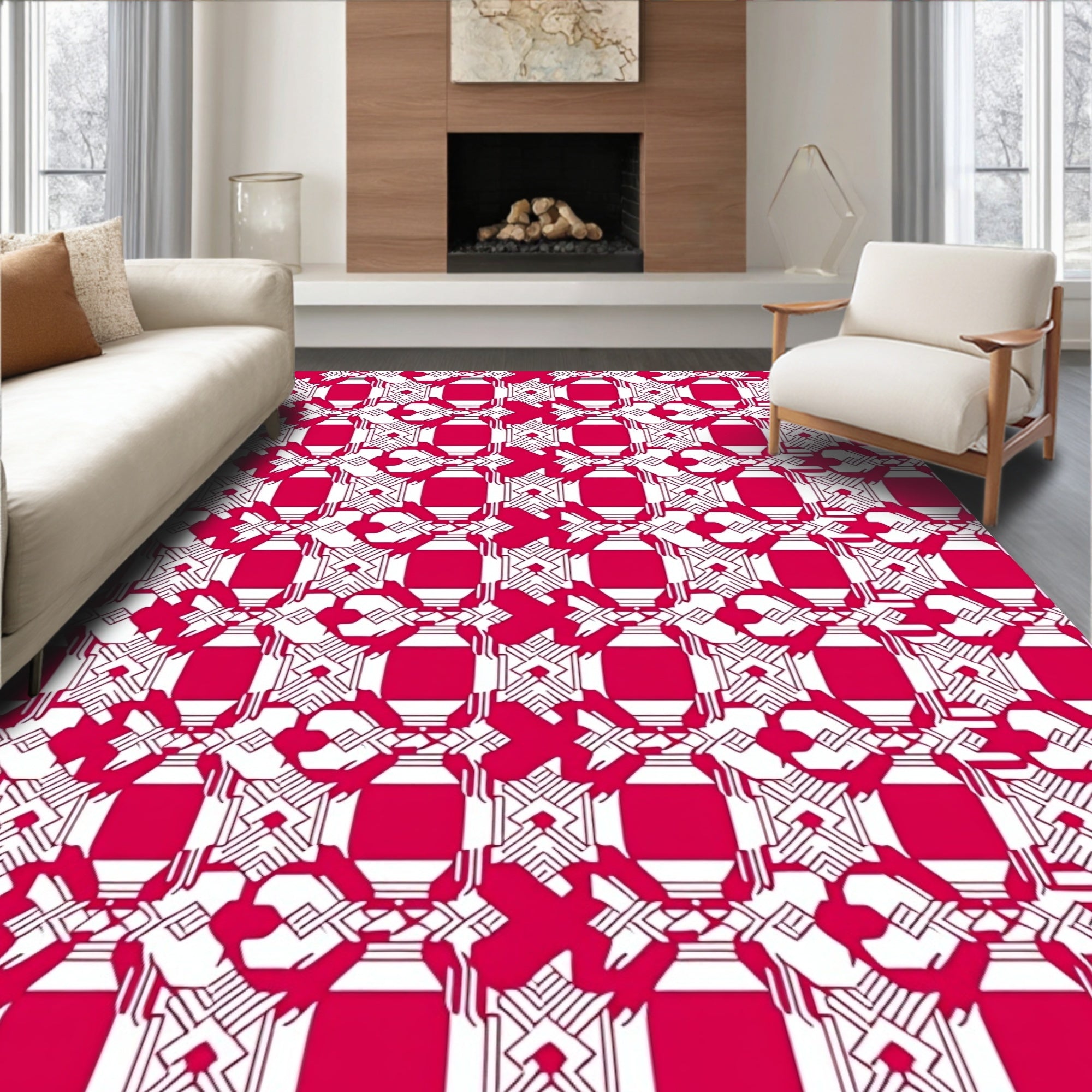 Red Geometric Art Deco Pattern Rug