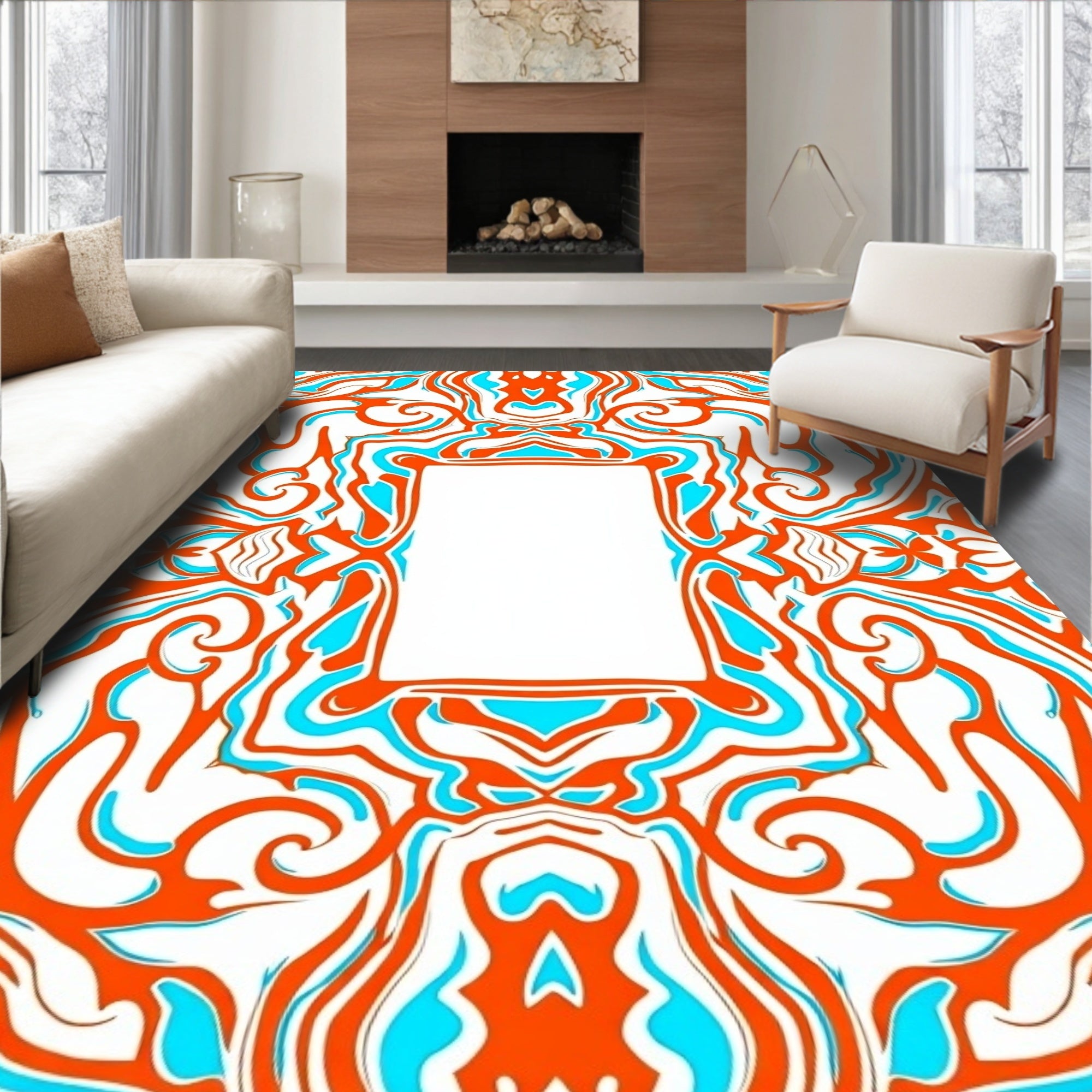 Abstract Swirls Orange Aqua Border Design Rug