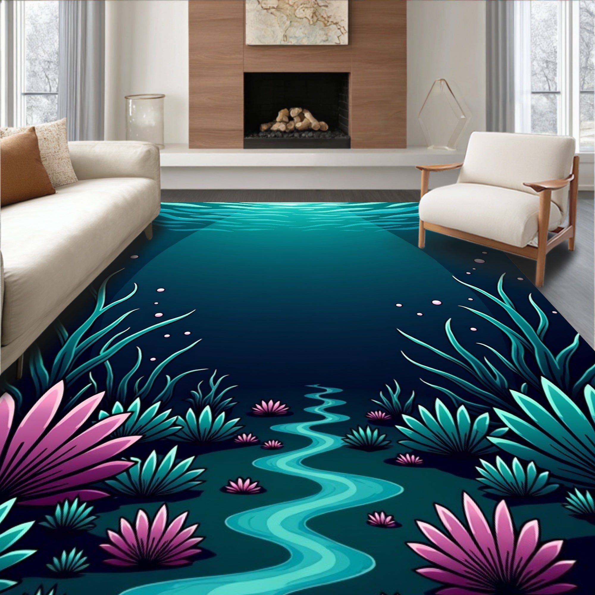 Oceanic River Fantasy Flora Design Rug