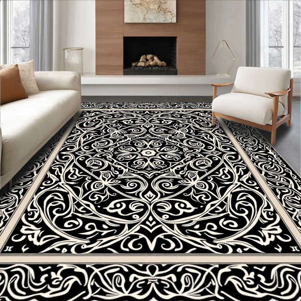 Bold Black White Scroll Pattern Rug