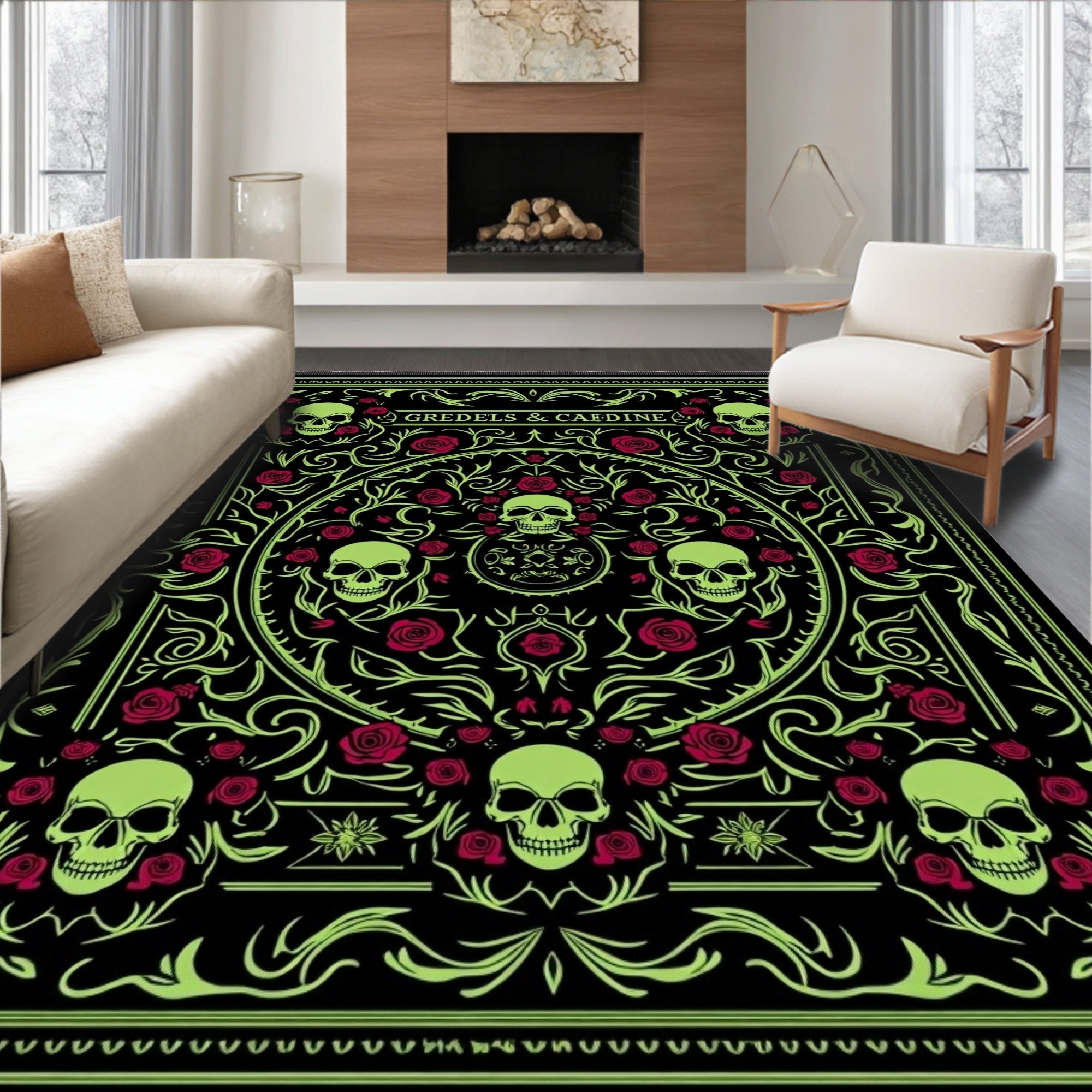 Glow Skull Rose Floral Mandala Rug