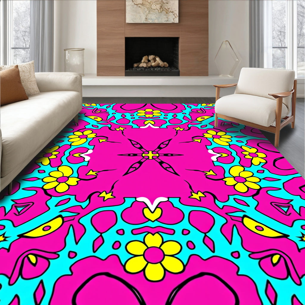 Vibrant Pink Yellow Floral Pattern Rug