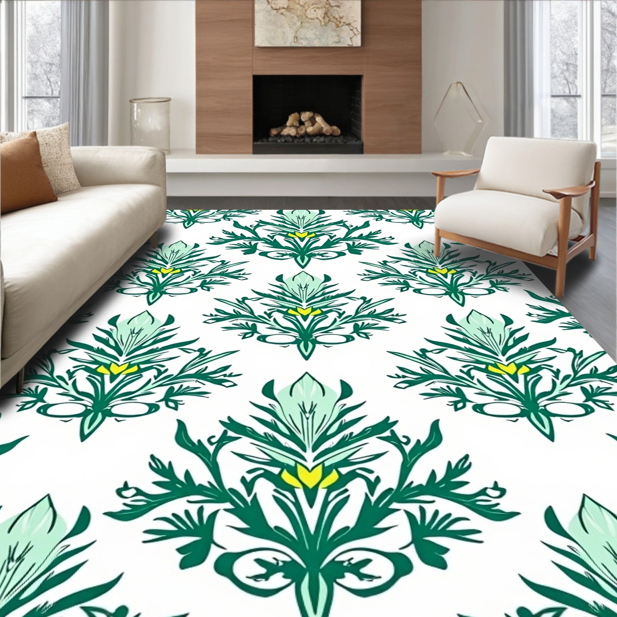 Green Yellow Floral Damask Pattern Rug