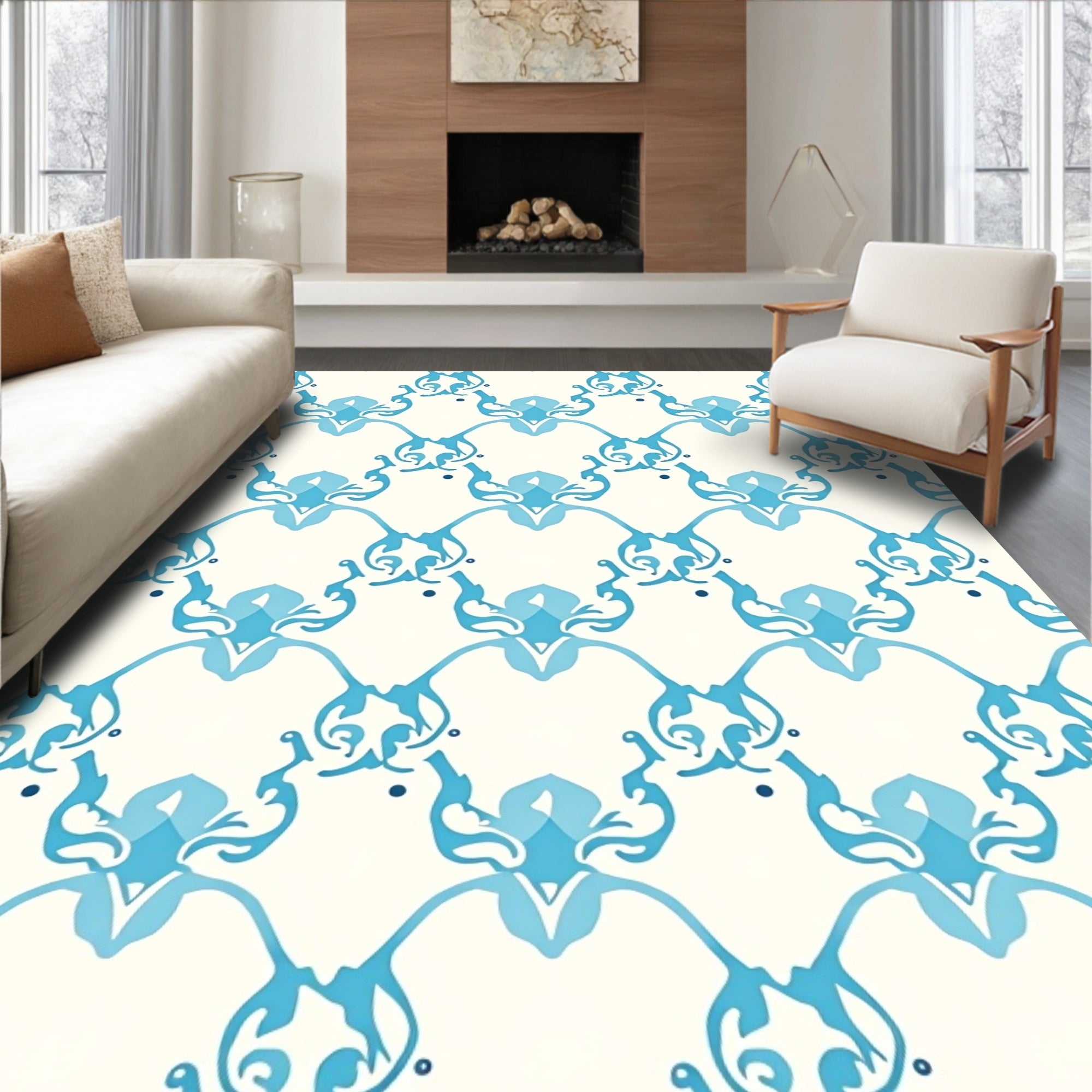 Oceanic Blue Scroll Pattern Rug