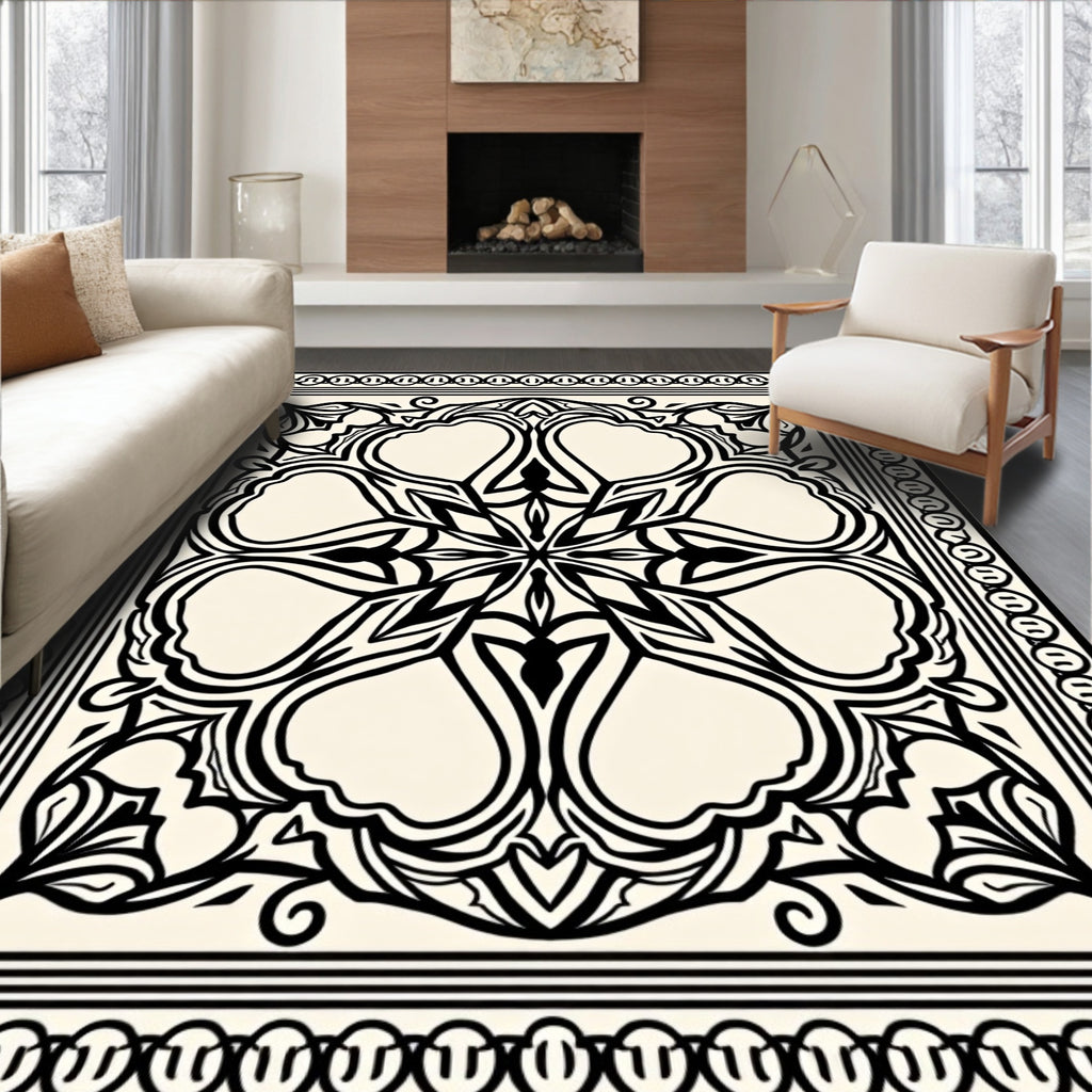 Ornate Black Floral Mandala Border Design Rug