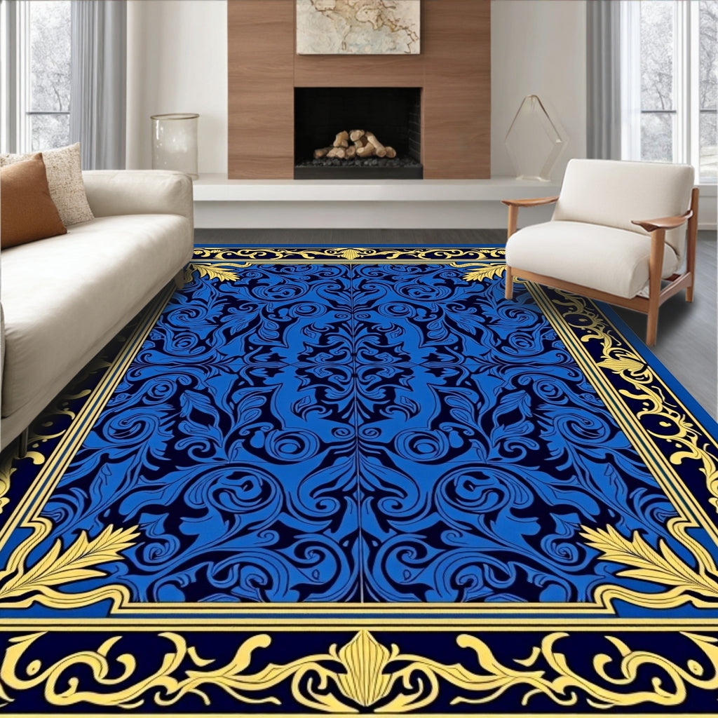 Ornate Blue Gold Floral Pattern Rug