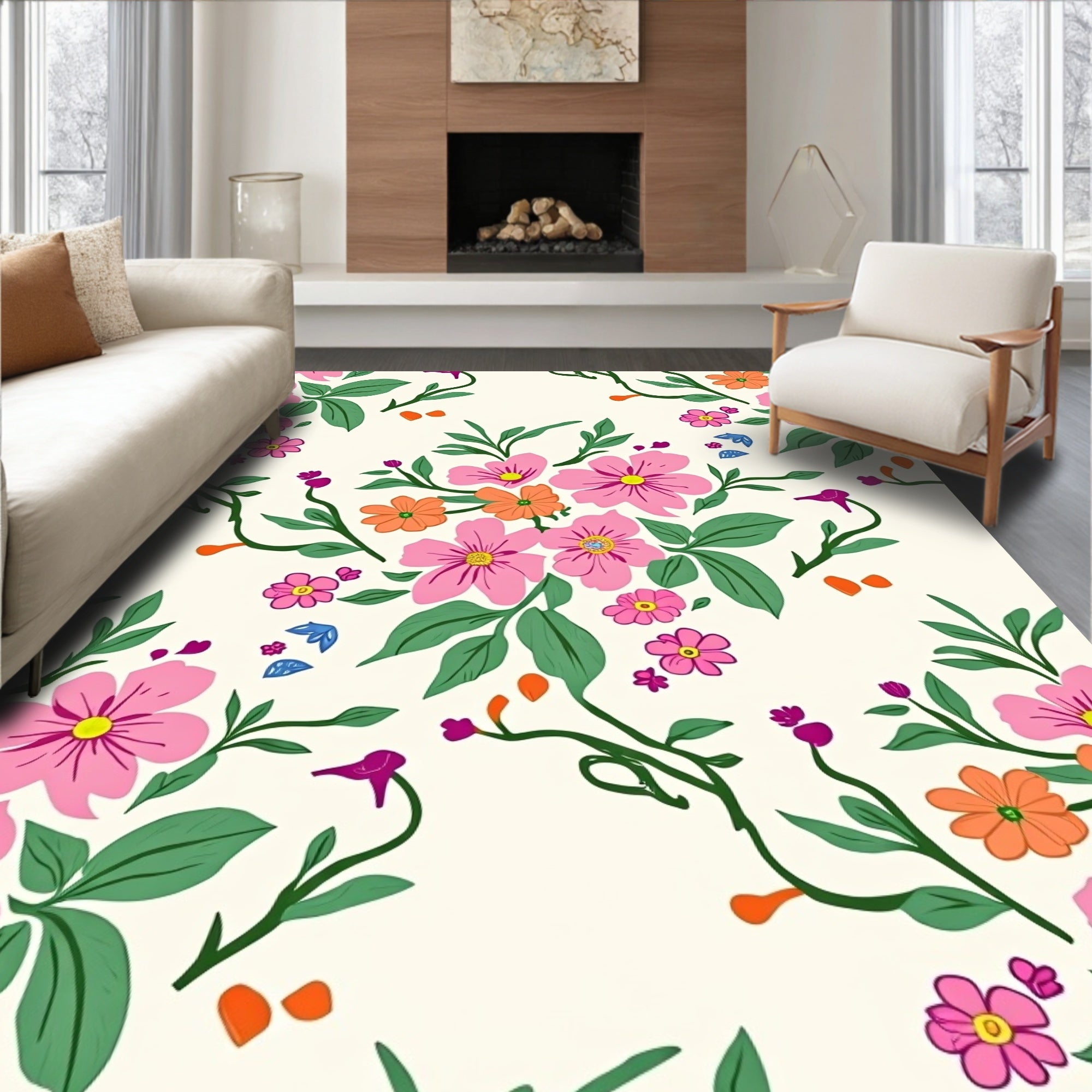 Drawn Floral Pattern with Pink and Orange Blooms Rug