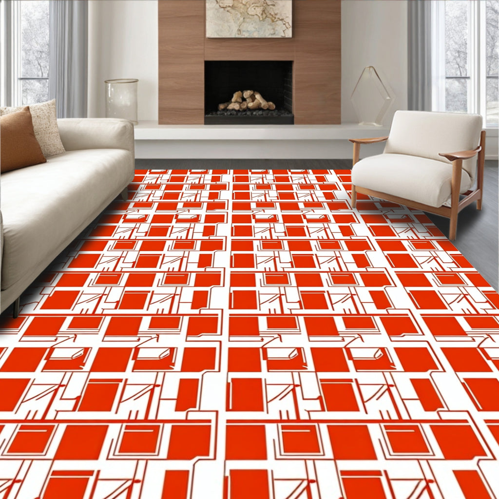 Red Geometric Grid Linear Design Rug