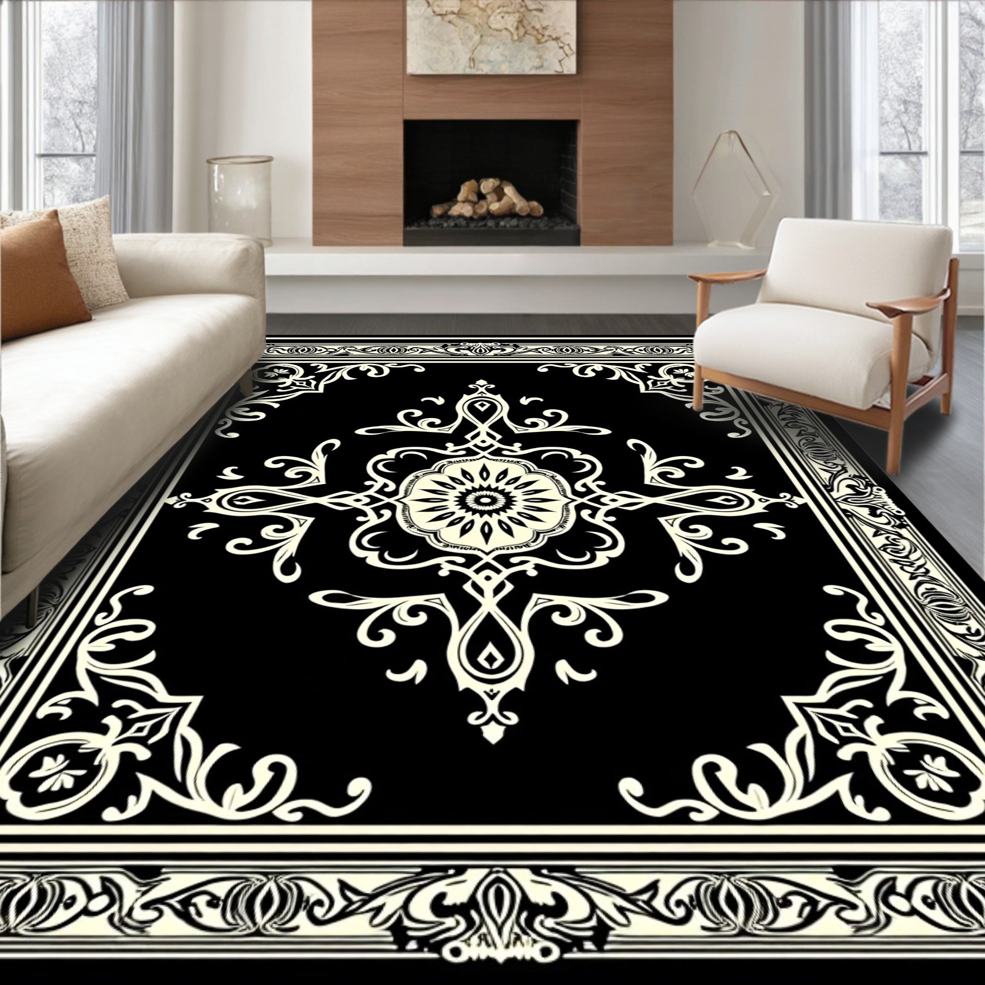 Black Cream Intricate Floral Medallion Rug