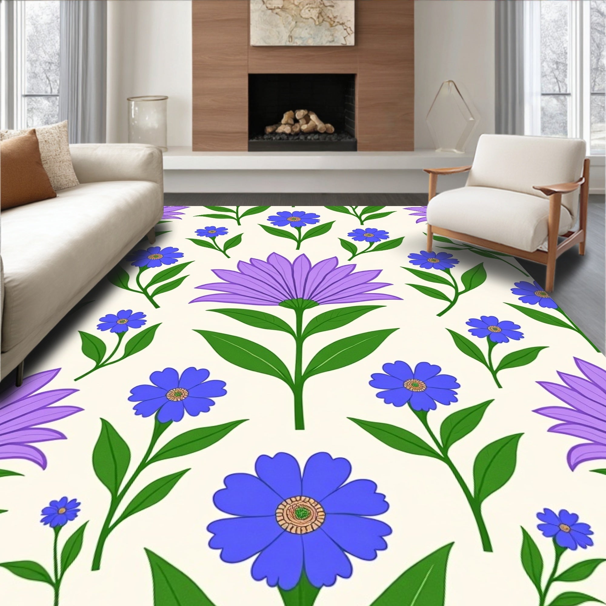 Charming Floral Pattern with Blue Purple Blooms Rug