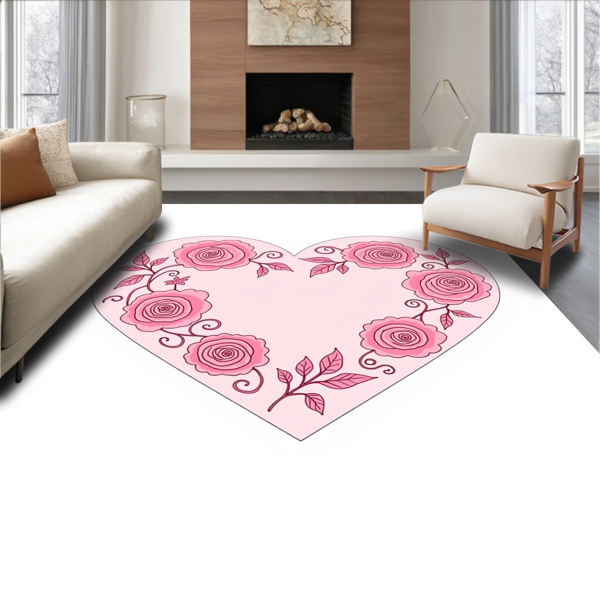 Pink Rose Heart Floral Pattern Rug