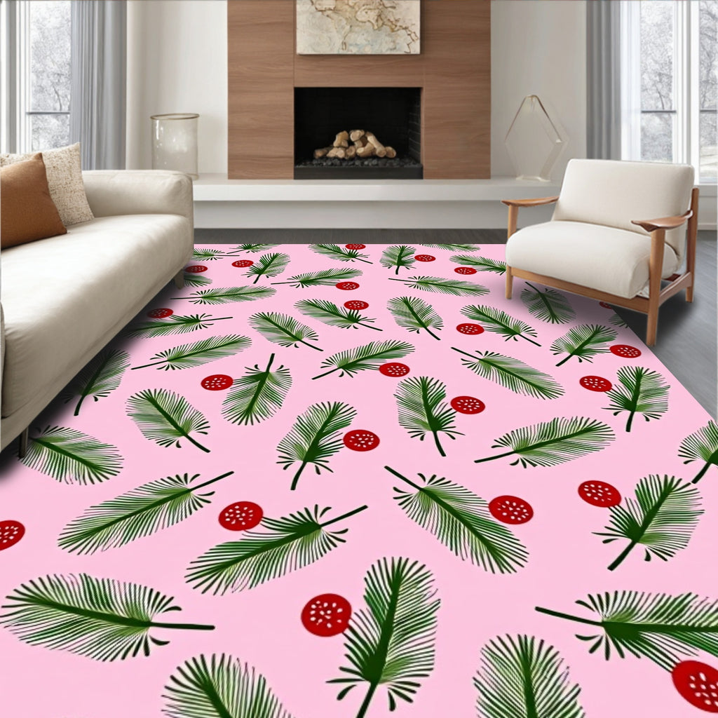 Festive Green Fir Sprigs Red Berries Rug