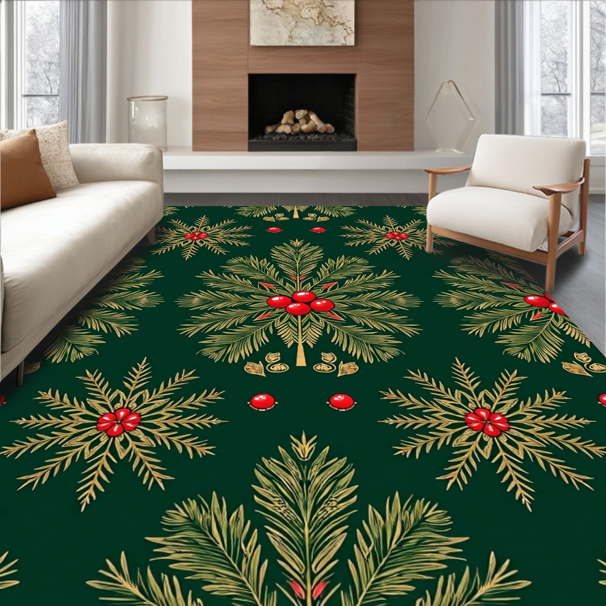 Green Gold Pine and Berry Vintage Rug