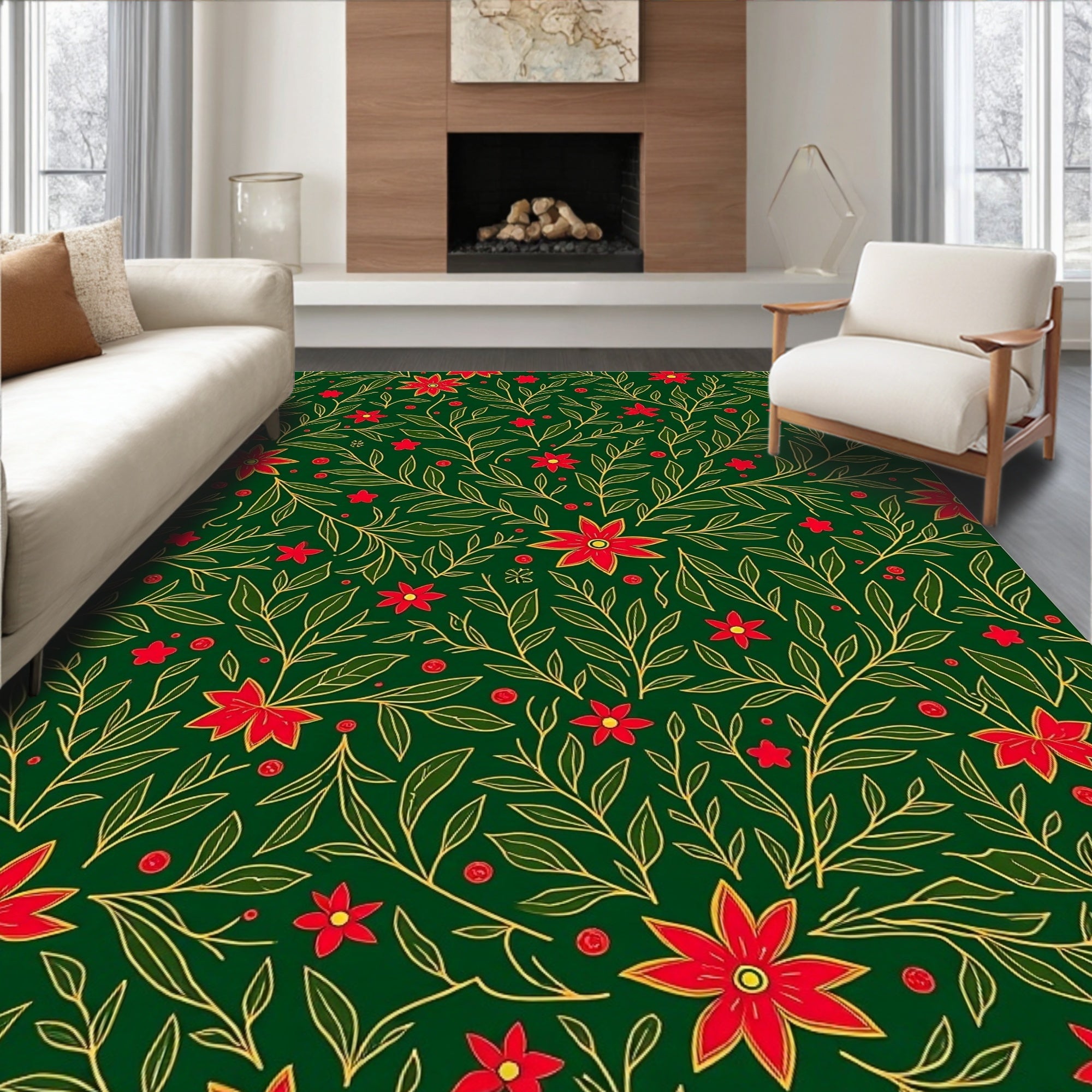 Red Flower Vine Pattern Rug