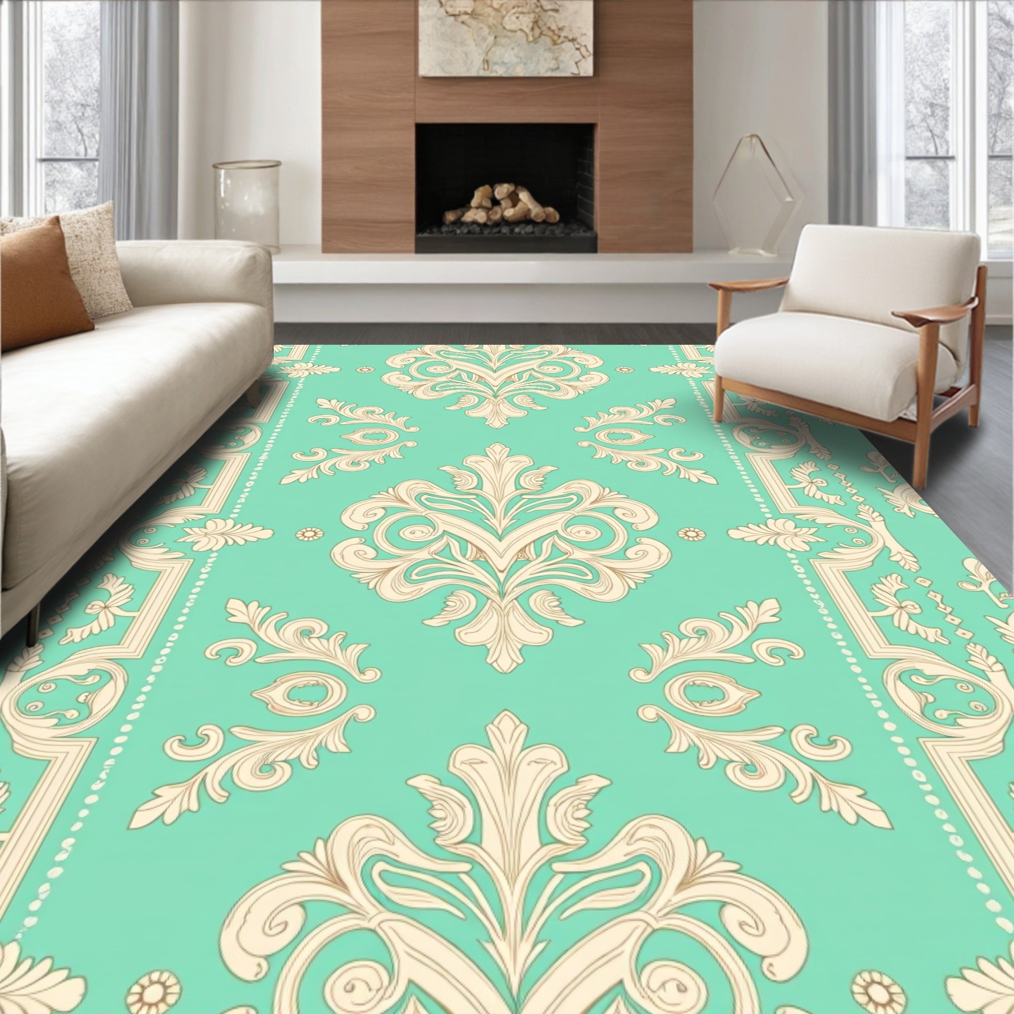 Cream Damask Pattern with Teal Backdrop Rug