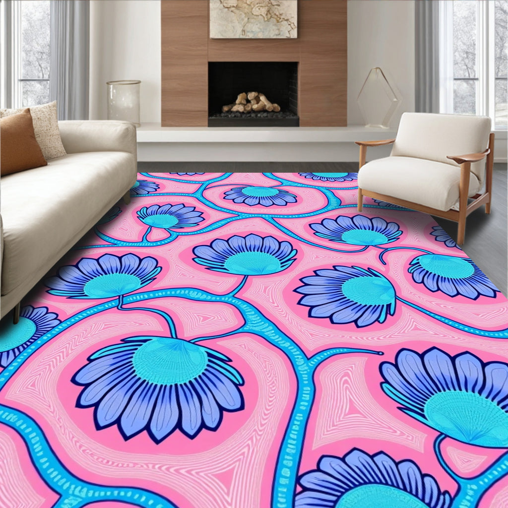 Whimsical Blue Flower Vine Pattern Rug