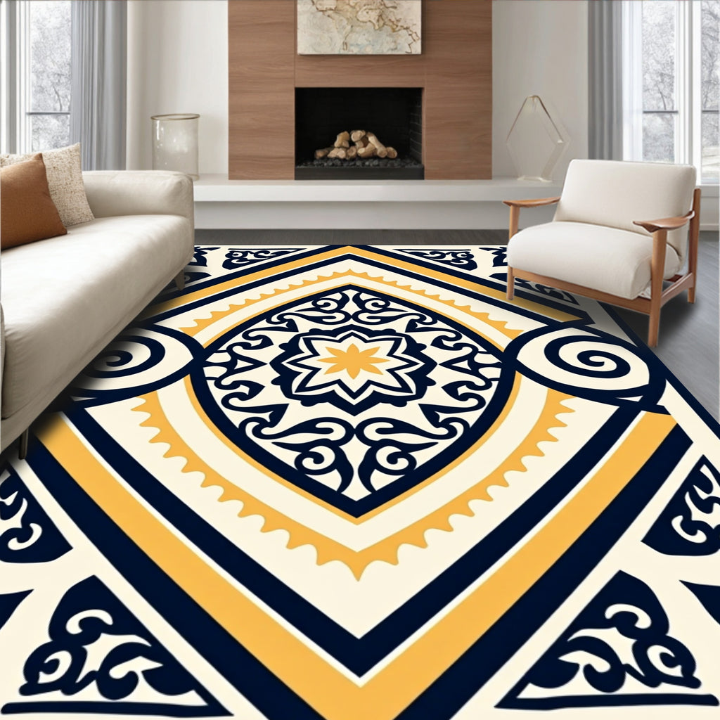 Navy Gold Geometric Floral Medallion Rug