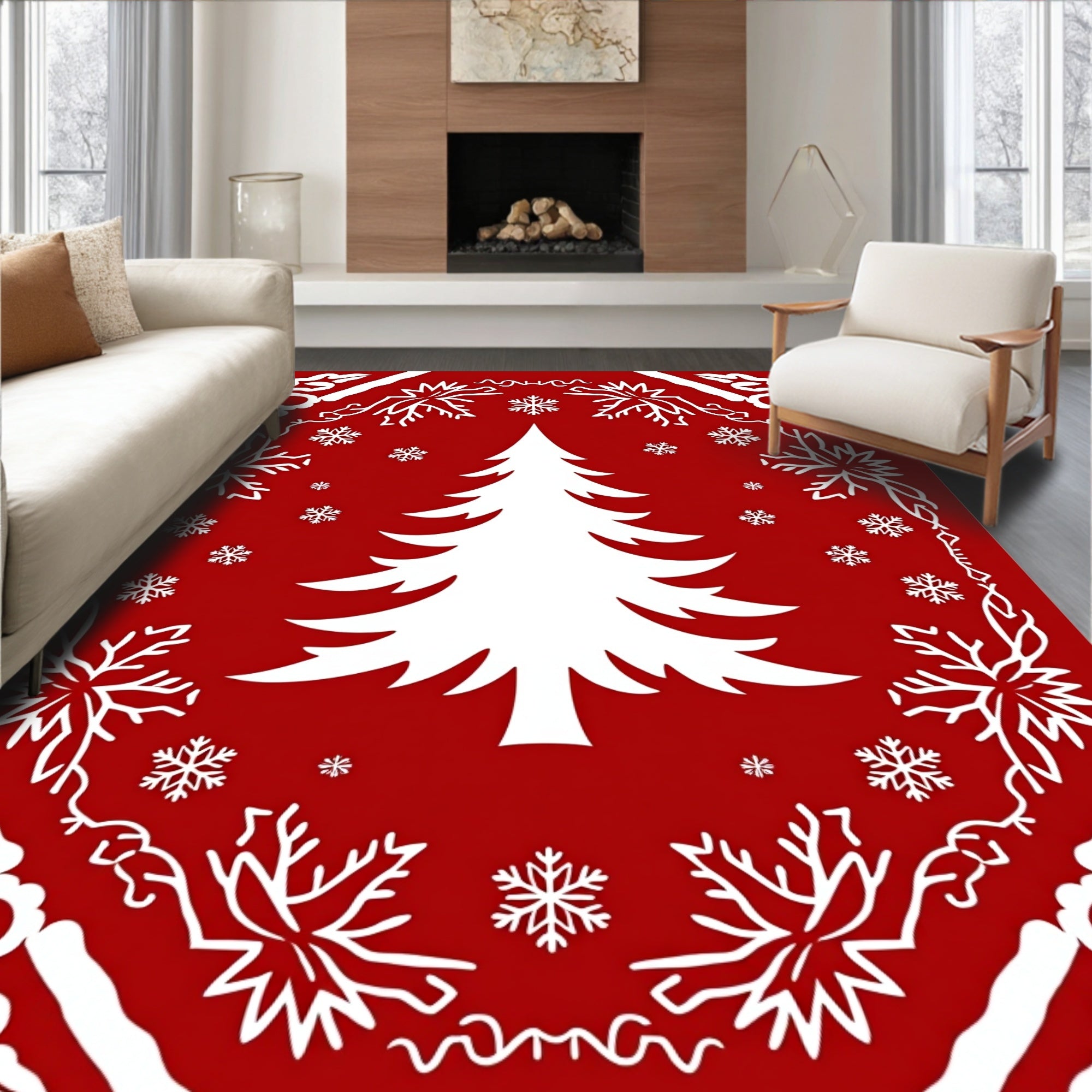 Red Christmas Tree Snowflake Pattern Rug