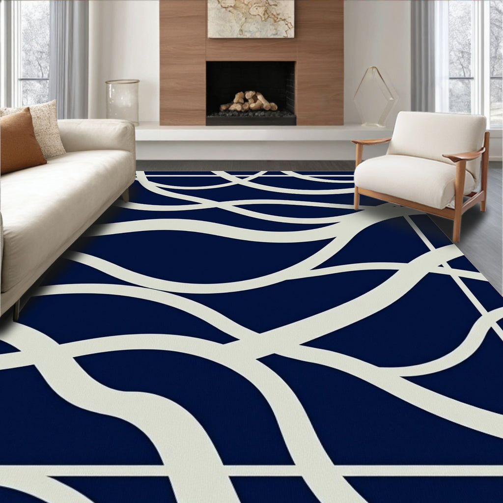 Navy Cream Abstract Flow Rug