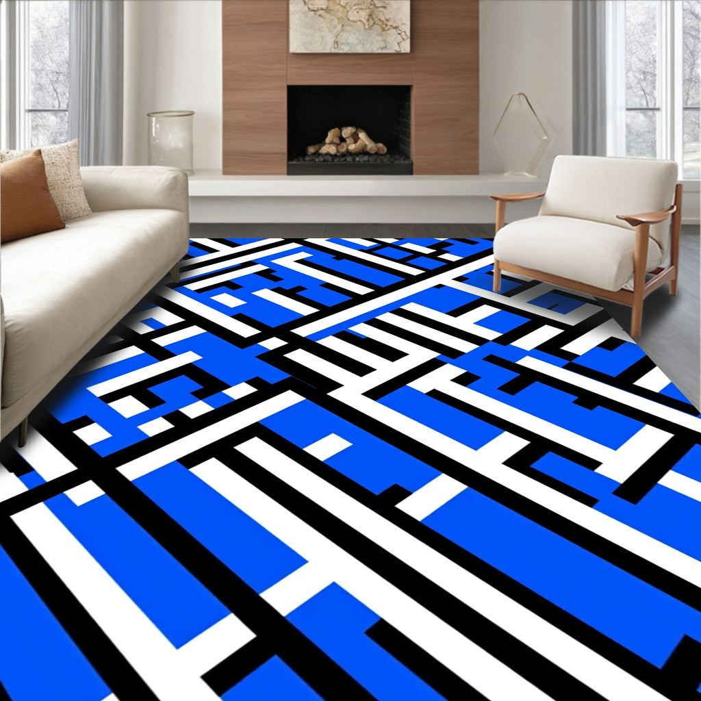Abstract Blue White Black Geometric Pattern Rug