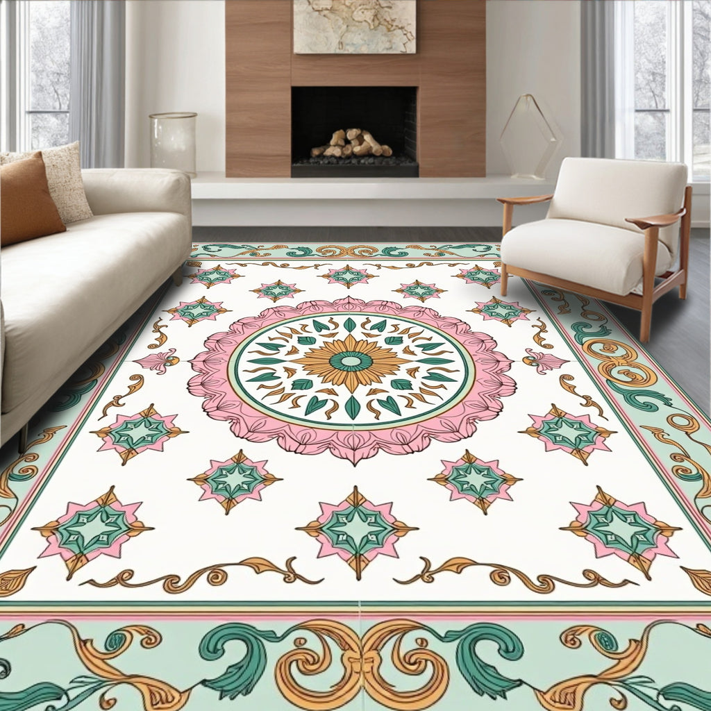 Pastel Floral Medallion Diamond Pattern Rug