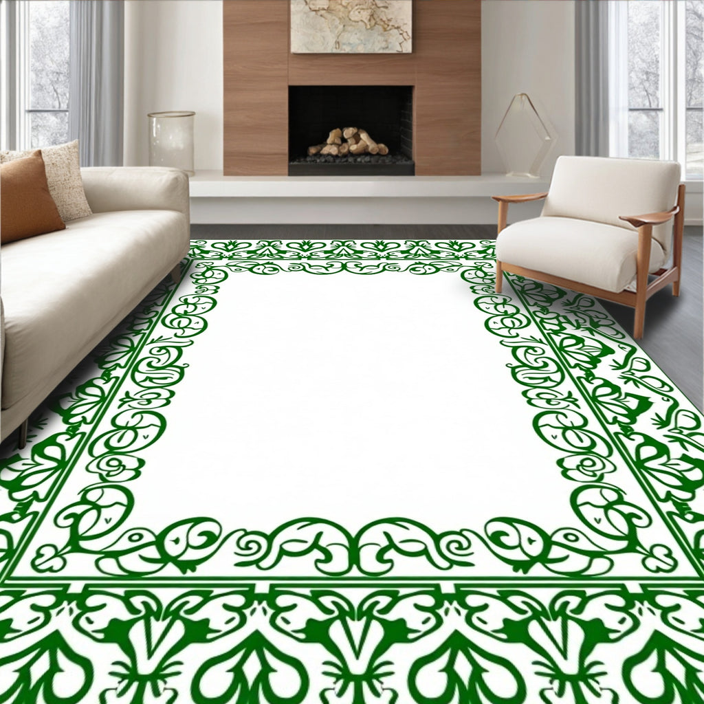 Ornate Green Leaf Scroll Border Rug