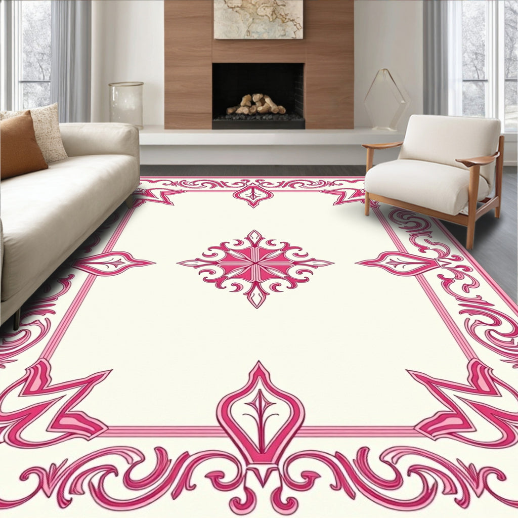 Ornate Pink Floral Scrollwork Pattern Rug