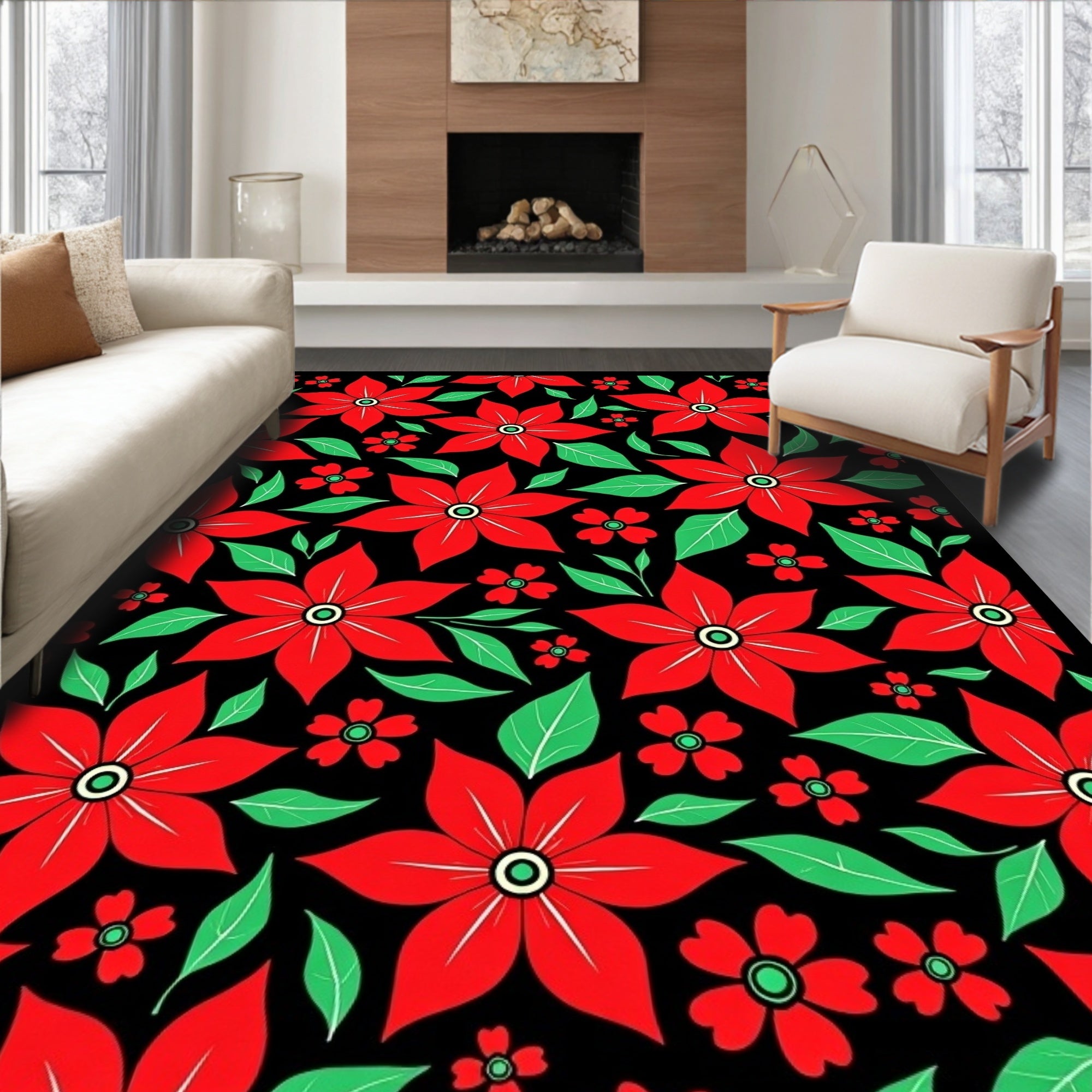 Radiant Red Flower Garden Black Rug