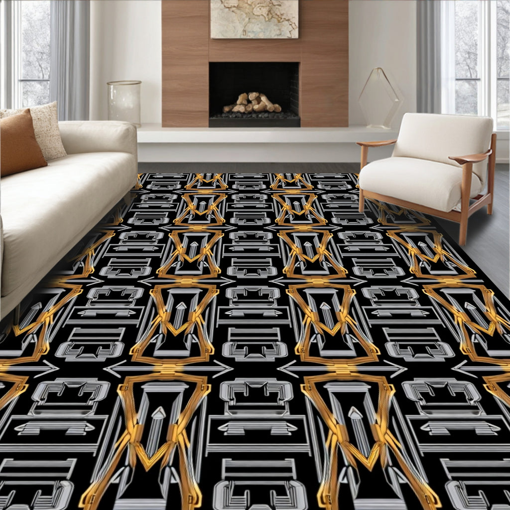 Gold Silver Geometric Interlocking Pattern Rug
