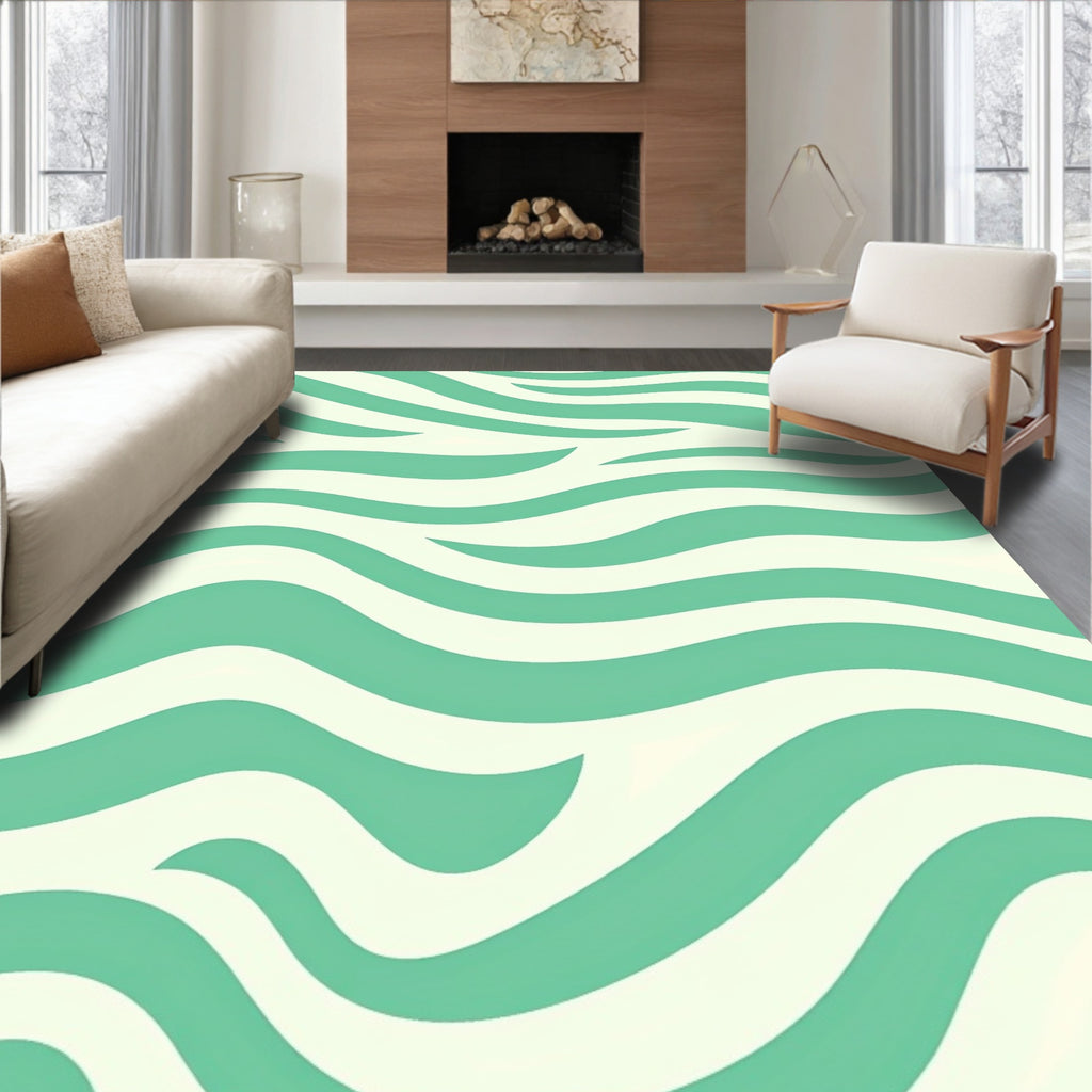 Abstract Teal White Wavy Stripes Rug